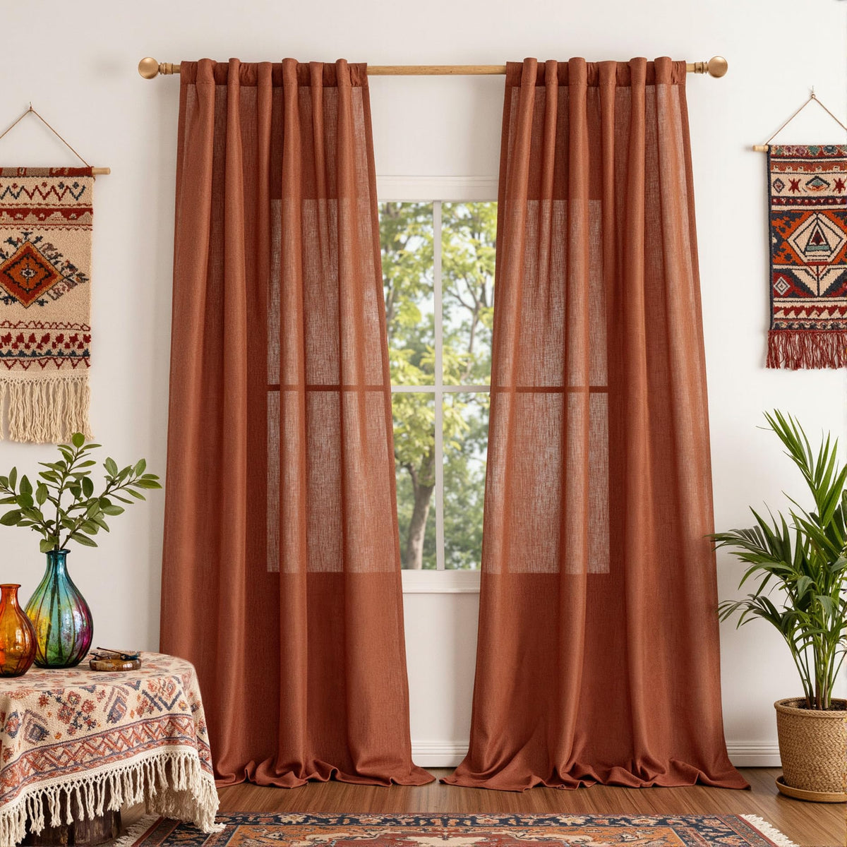 MYSKY HOME Linen Curtains for Living Room, Natural Semi Sheer Curtains & Drapes 84 inches Length 2 Panels Set Farmhouse Country Boho Style Back Tab Draperies for Sliding Glass Door, 50" Wide, Linen