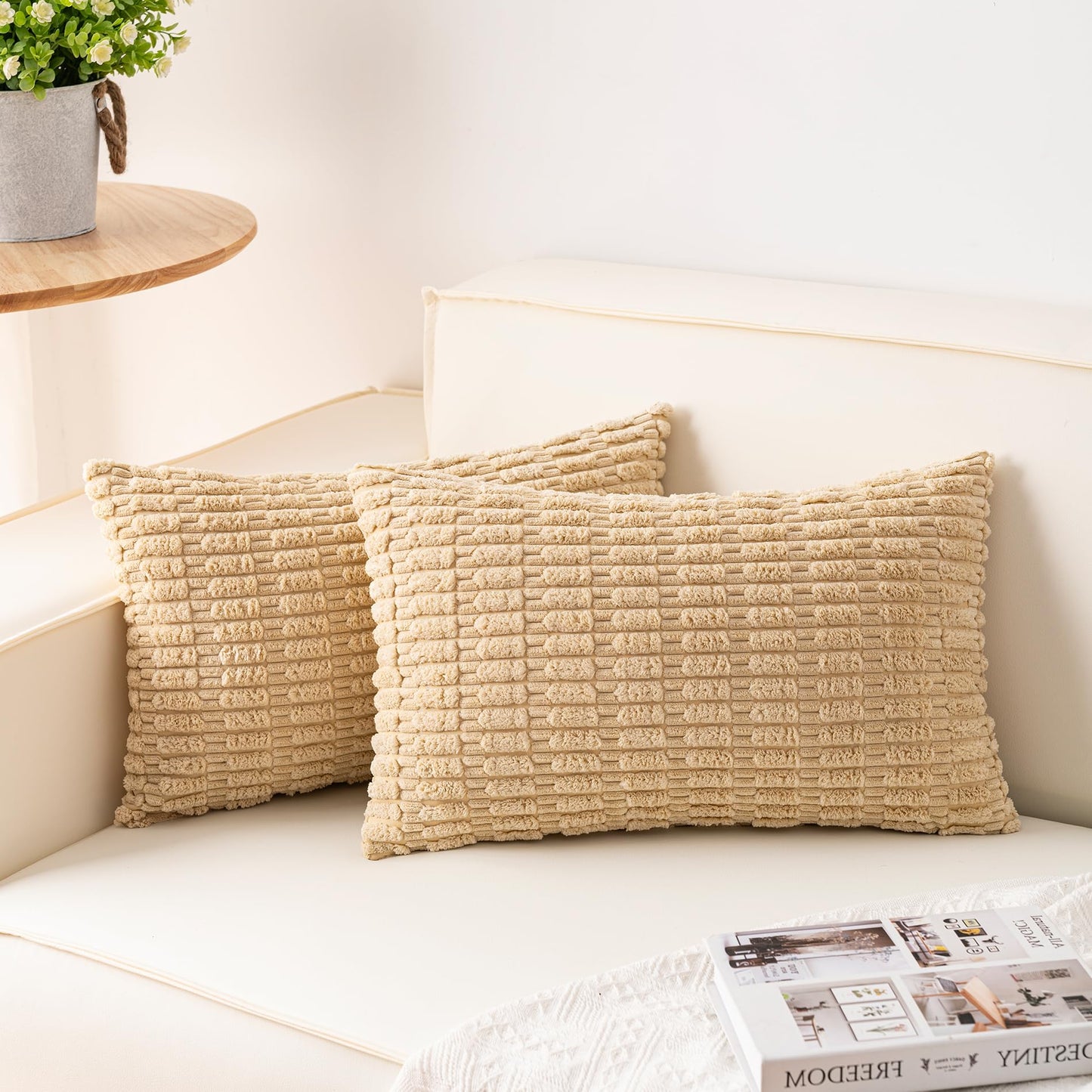 Pack of 2 Corduroy Decorative Throw Pillow Covers 18x18 Inch, Cream White | Fall Soft Striped Pillow Covers Modern Farmhouse Home Decor Christmas Throw Pillow Covers for Sofa Living Room Couch Bed ﻿