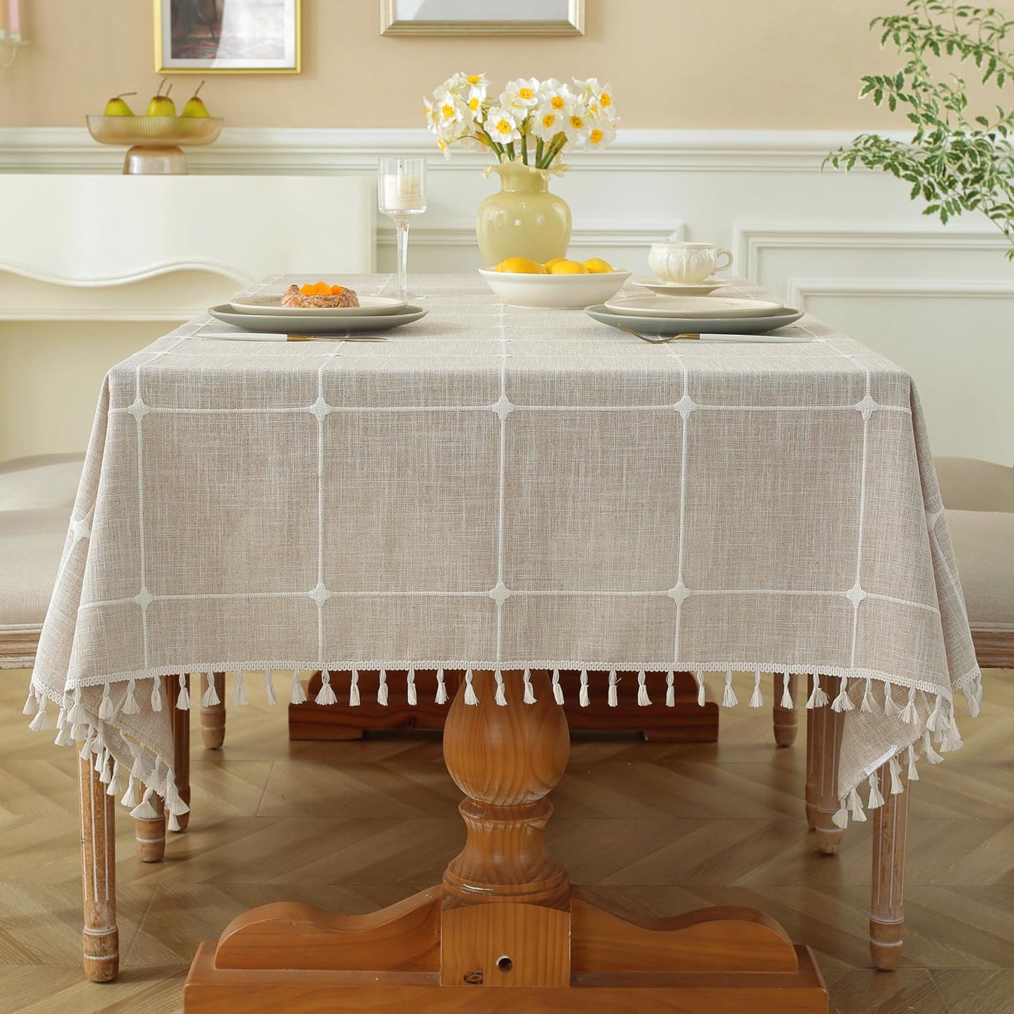 Laolitou Rustic Tablecloth Cotton Linen Waterproof Farmhouse Tablecloth Burlap Table Cloths for Kitchen Dining Cloth Table Cloth for Rectangle Tables Coffee Lines Rectangle,55''x70'',4-6 Seats
