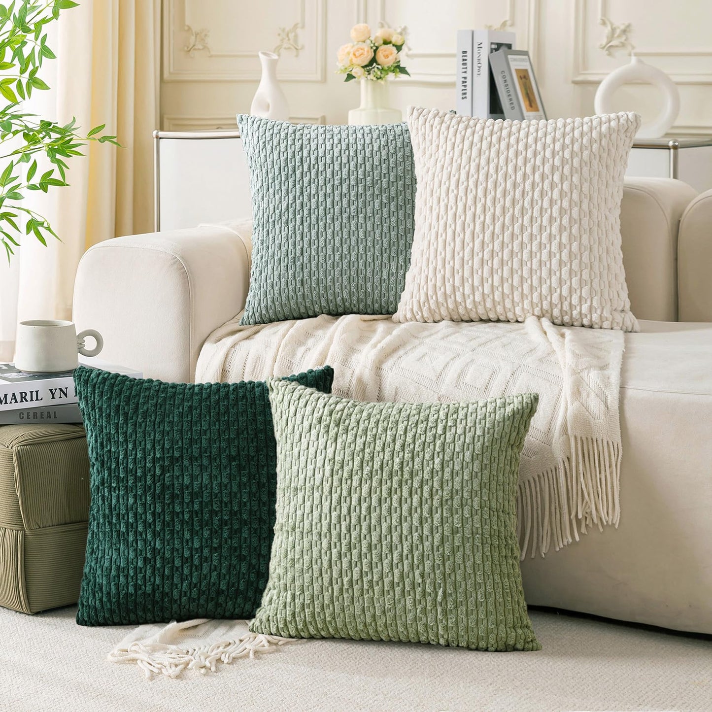 Set of 4 Neutral Decorative Throw Pillow Covers 18x18 Inch Corduroy Pillow Covers for Bed Couch Sofa Living Room Soft Square Cushion Cases