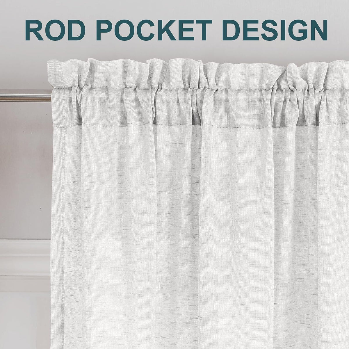 Turquoize White Linen Curtains 96 Inches Long Semi Sheer Curtains Light Filtering Linen Drapes for Living Room/Bedroom 2 Panels Set Rod Pocket Window Treatments Panels,W52 x L96, White