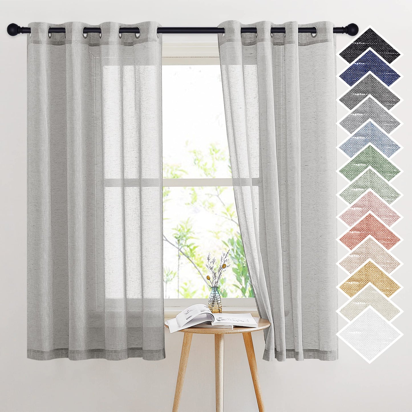 NICETOWN White Sheer Linen Curtains for Living Room 84 inch Length 2 Panels Set, Grommet Semi Sheer Privacy with Light Filtering Flax Window Treatments for Bedroom, W52 x L84