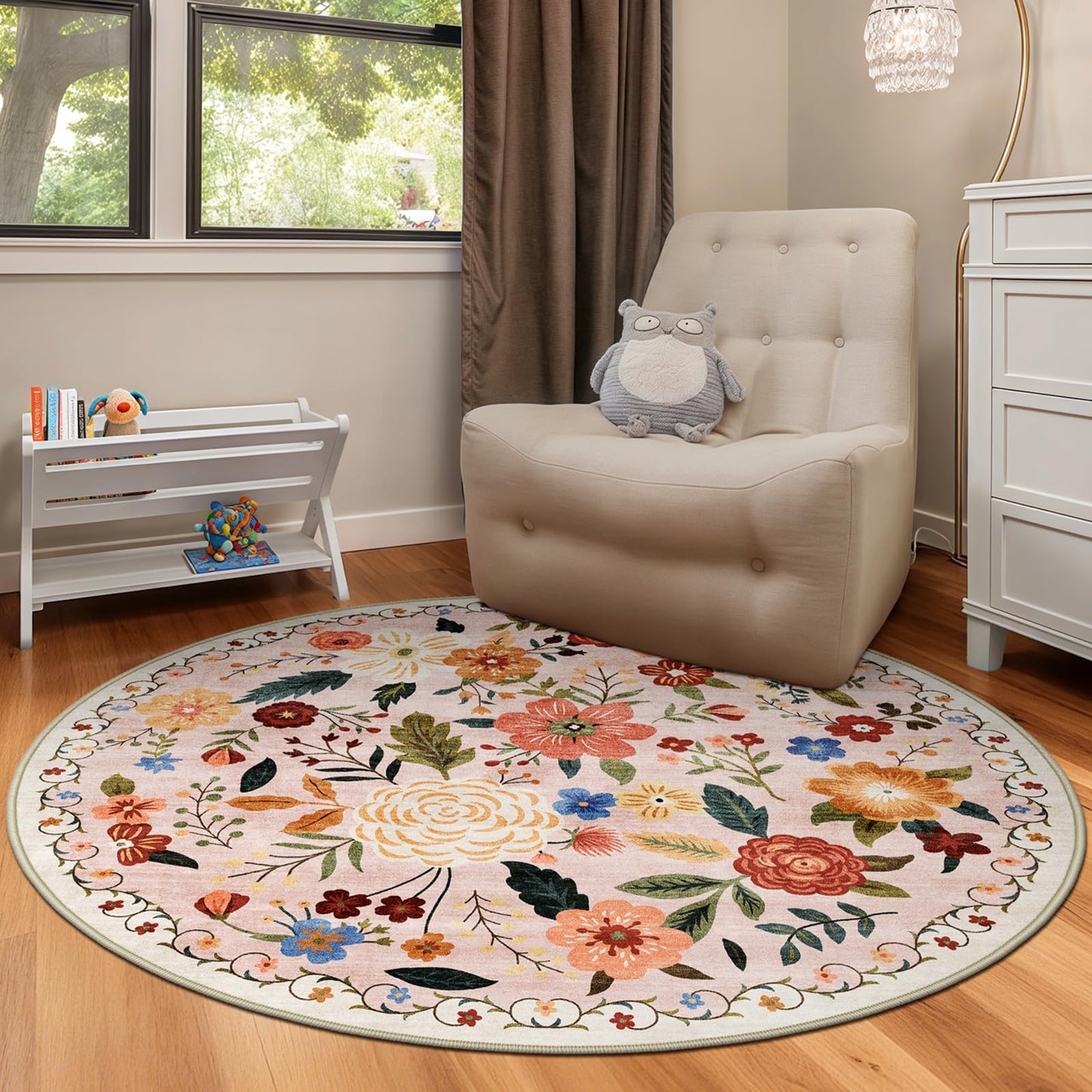 5x7 Washable Area Rug Green Boho Floral for Living Room Bedroom Nursery | Carpet for Dining Room, Soft Low-Pile Non-Slip Faux Wool, Farmhouse Indoor, Kid & Pet Friendly, Stain, Fade & Wear Resistant