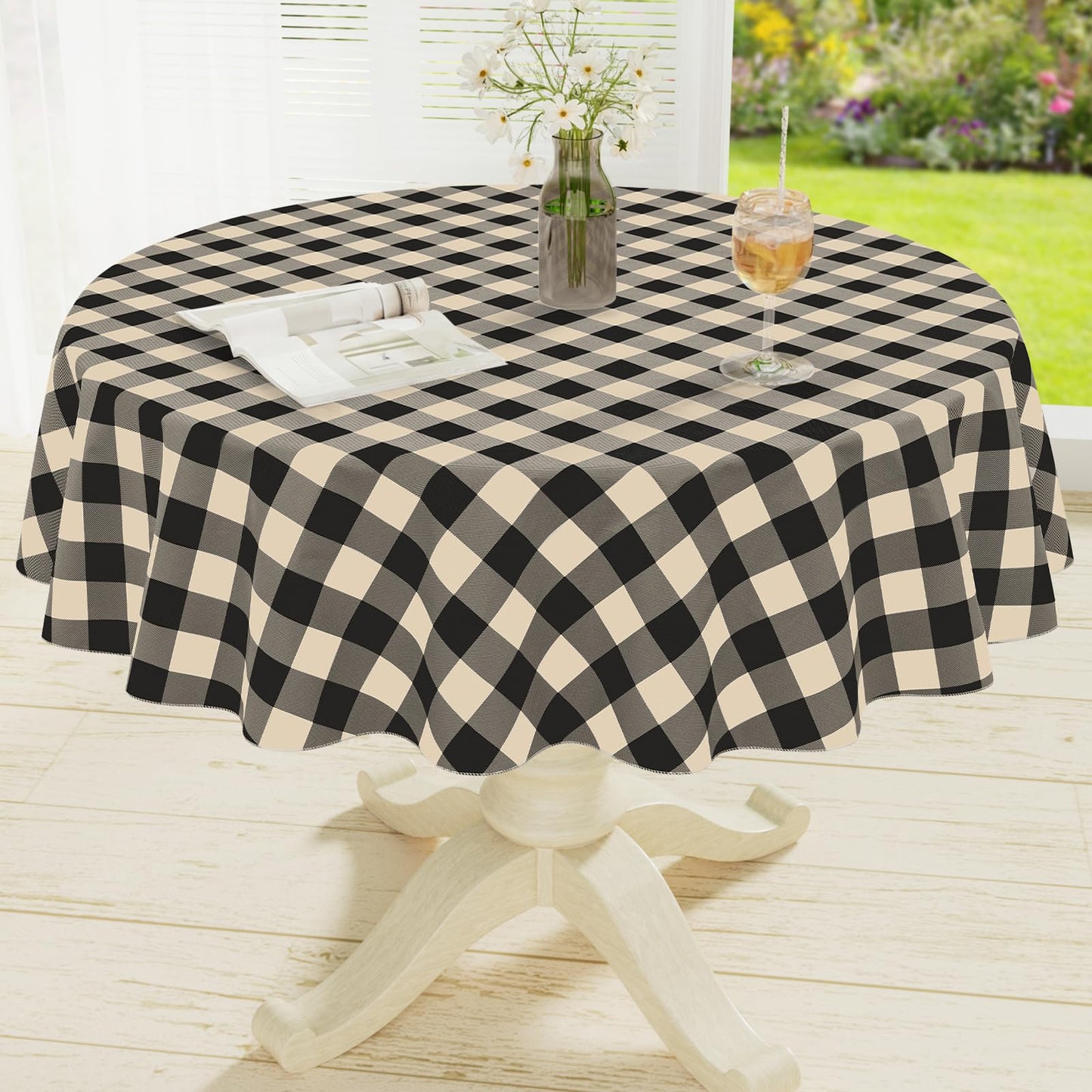 Rectangle Waterproof Vinyl Table Cloth, Buffalo Flannel Backed Tablecloth, Wipeable Plastic Table Cover for Dinner, Kitchen, Outdoor (60" x 84", Black and White)