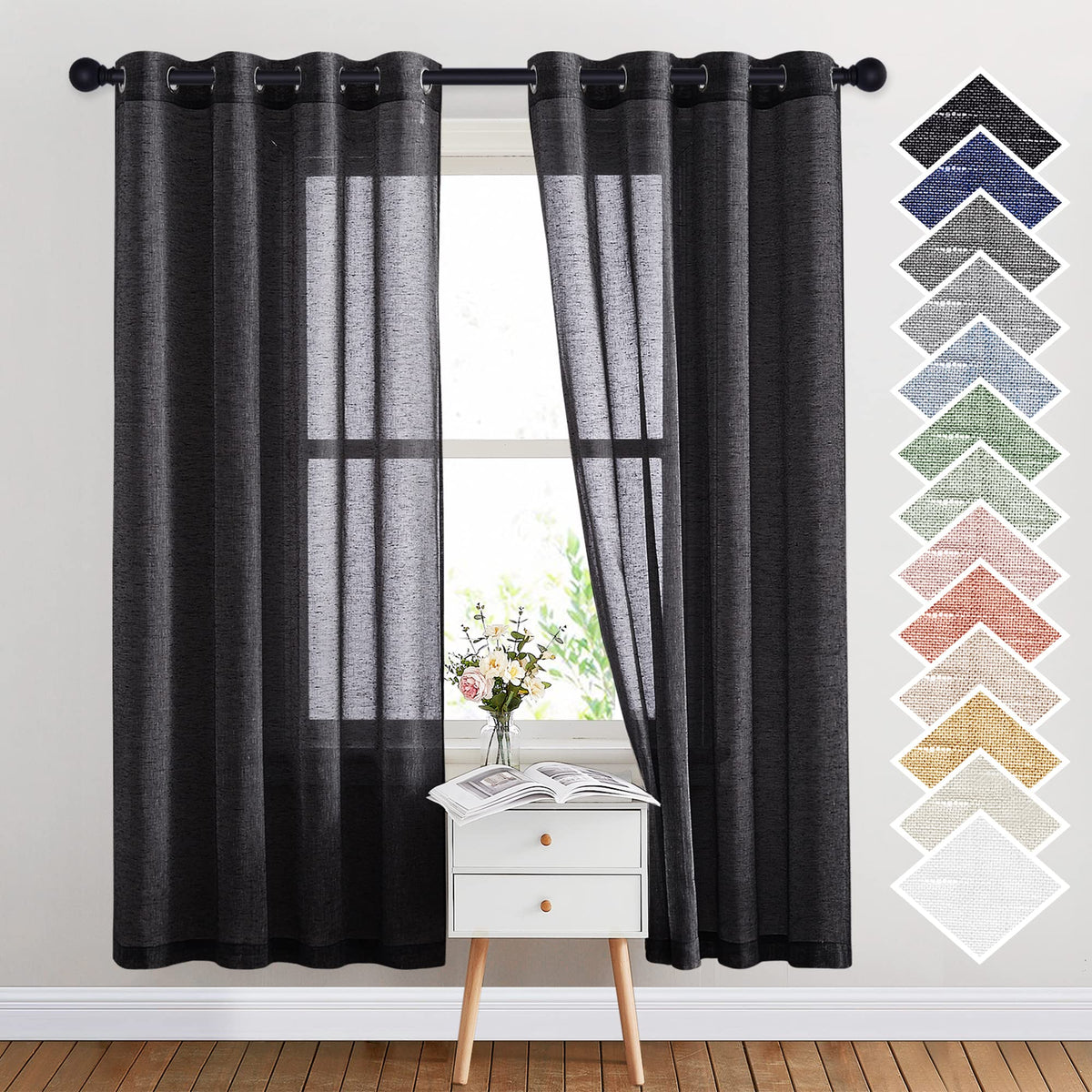 NICETOWN White Sheer Linen Curtains for Living Room 84 inch Length 2 Panels Set, Grommet Semi Sheer Privacy with Light Filtering Flax Window Treatments for Bedroom, W52 x L84