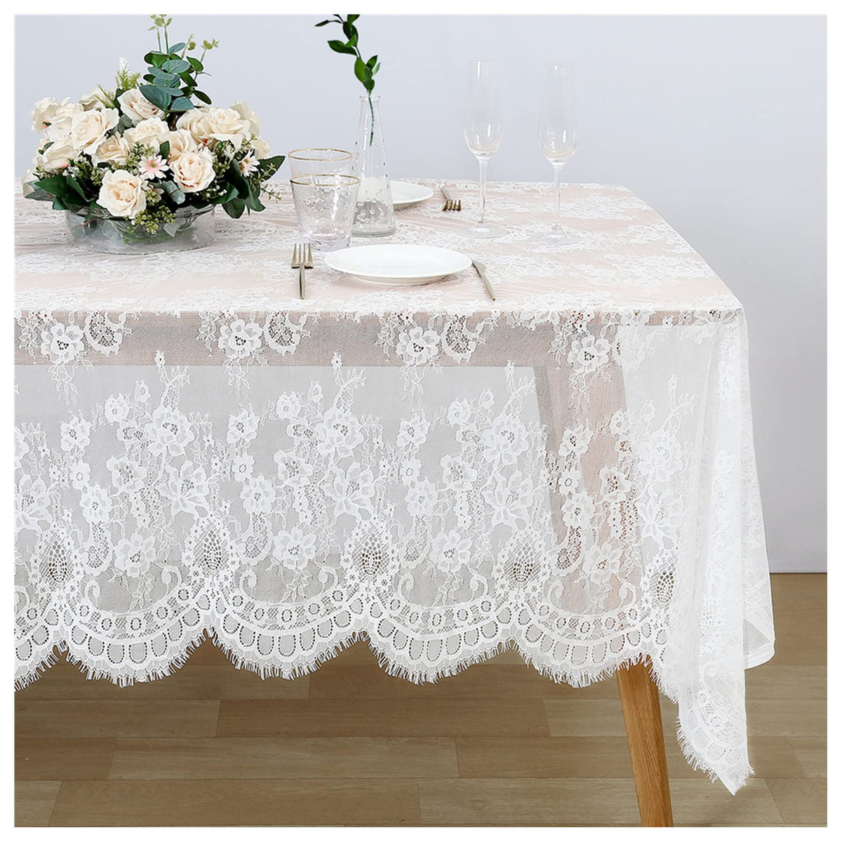 Fanqisi Ivory Lace Tablecloth 60x120 Inches Classic Wedding Lace Tablecloths Overlay Party Table Cover for Bridal Shower Reception Table Decoration