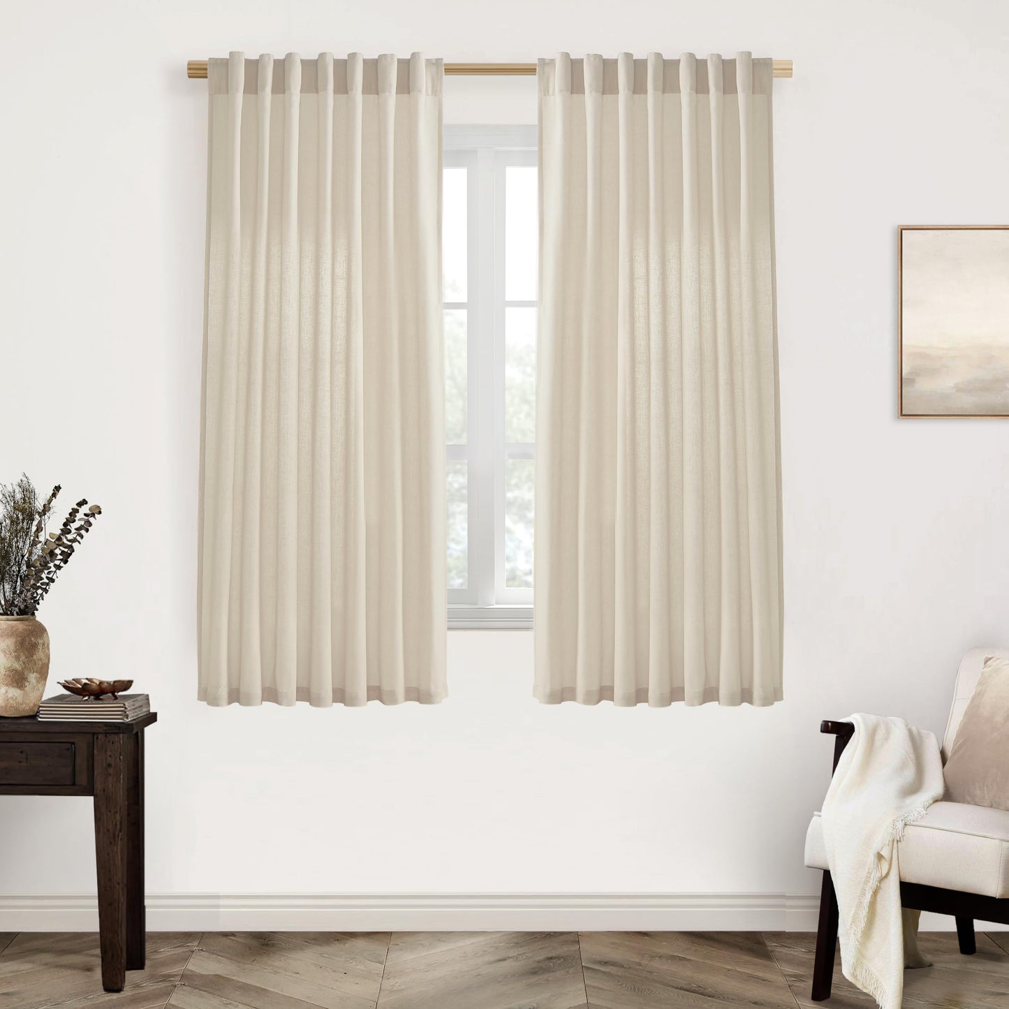 Linen Cotton Curtains for Living Room, Cream Off White Natural Fabric Light Filtering Semi Sheer Curtains 84 Inches Long, Ivory Pleated Farmhouse Curtain Drapes 84 Inch Length 2 Panels Set Dining Room