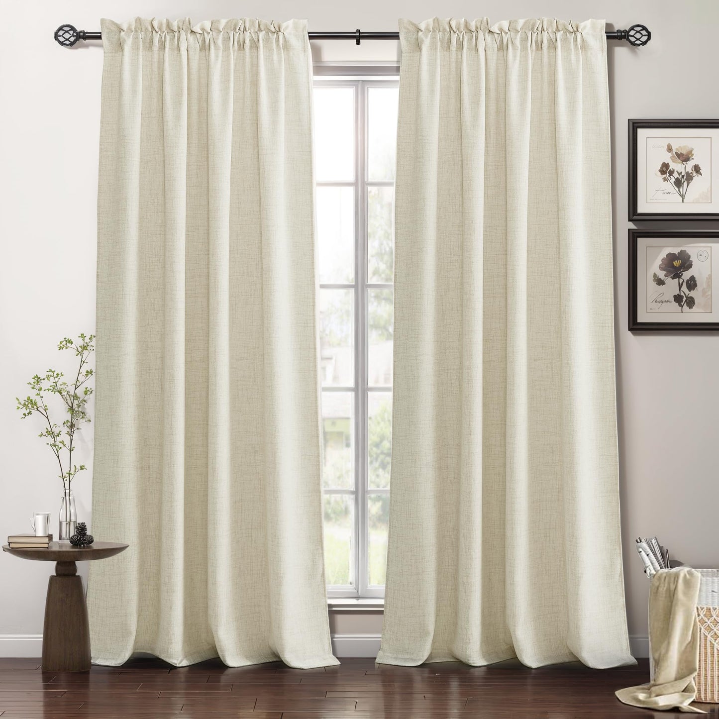 RYB HOME White Semi Sheer Curtains 84 inches Long for Living Room | Half Privacy, Linen Textured, Sheer Light Filtering, Vertical Window Drapes, for Bedroom Dining, White, W52 x L84, 2 Panels
