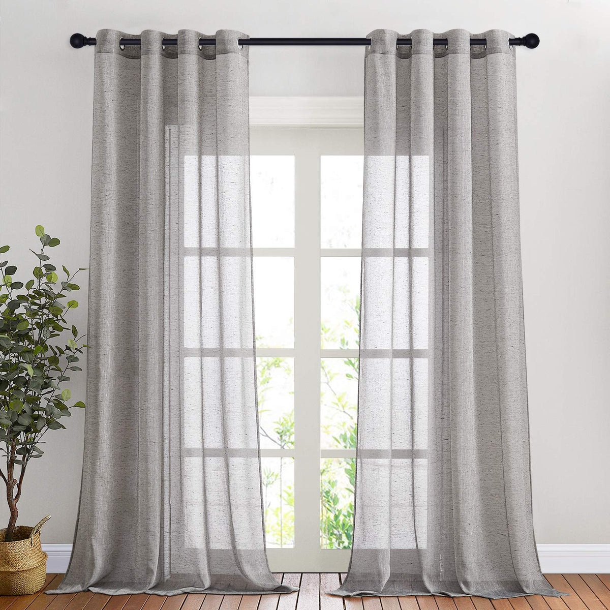 NICETOWN White Sheer Linen Curtains for Living Room 84 inch Length 2 Panels Set, Grommet Semi Sheer Privacy with Light Filtering Flax Window Treatments for Bedroom, W52 x L84