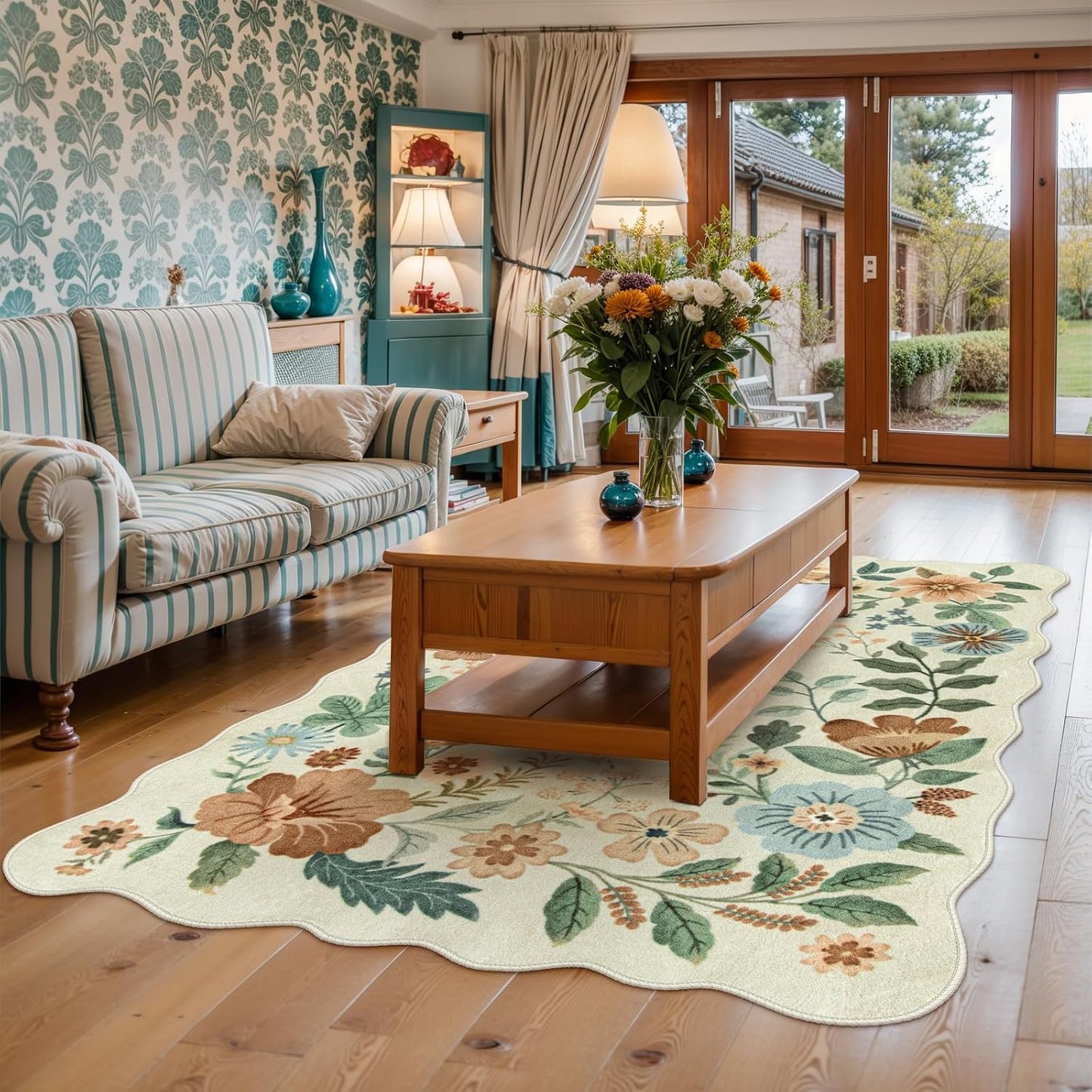 Lahome Floral Washable Living Room Rug, 5x7 Area Rugs for Bedroom Soft | Dining Room Rug Ultra-Thin Non Slip Stain Resistant Boho Low-Pile Throw Carpet for Office Flore (5x7ft, Beige)