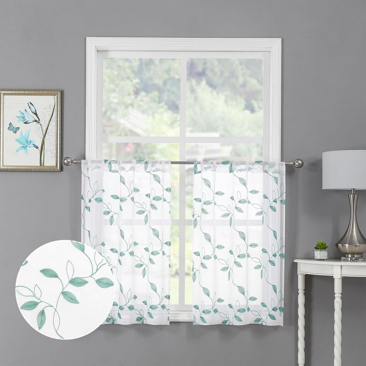 Tollpiz White Leaf Sheer Curtains Bedroom 54 x 84 Inches | Leaves Embroidered Curtain Rod Pocket Voile Window Treatment for Living Room, Set of 2 Panels