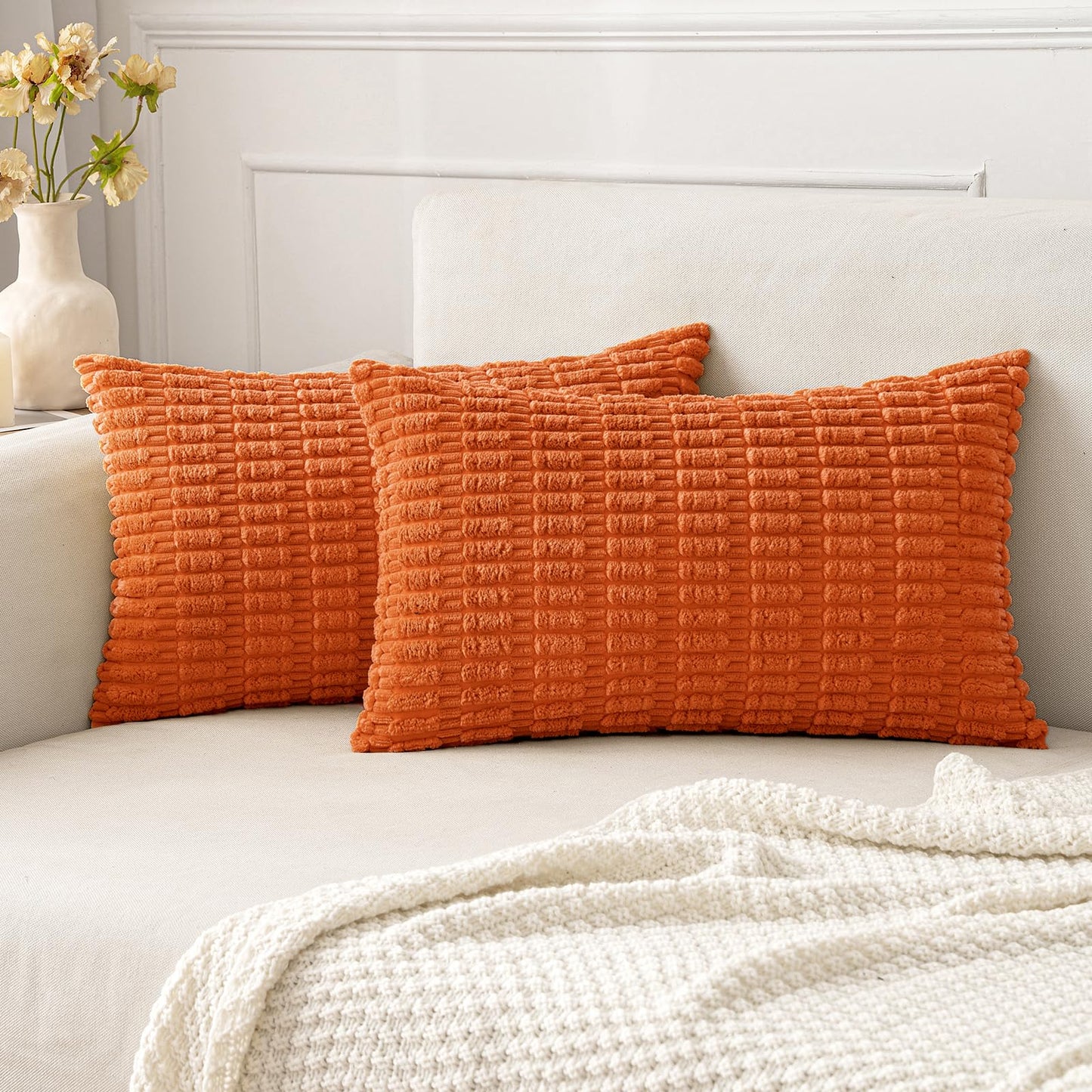 MIULEE Corduroy Decorative Throw Pillow Covers 18x18 Cream White Pack of 2 | Soft Boho Striped Pillow Covers Modern Farmhouse Home Decor For Sofa Living Room Couch Bed
