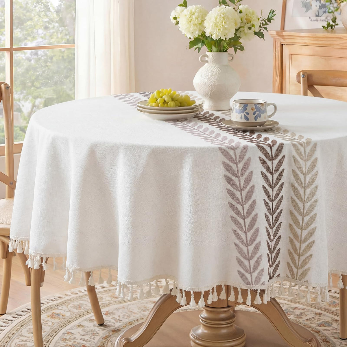 Softalker Outdoor Linen Tablecloth Rectangle, Waterproof Cotton Boho Farmhouse Table Cloths with Tassel, Heavy Weight Wrinkle Free Table Cover for Picnic Camping Dining - 55 x 70 Inch, Coffee Lines