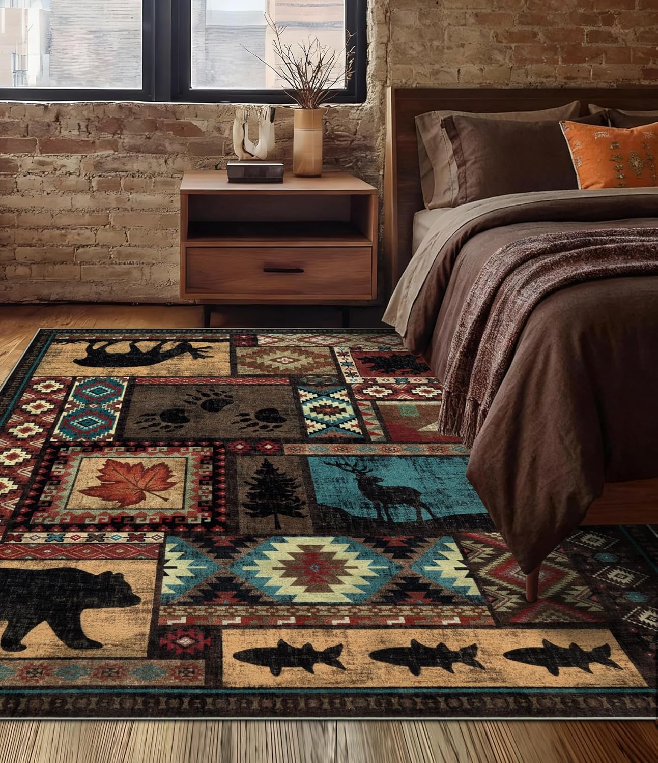 Rustic Cabin Area Rug 5x7,Machine Washable Lodge Bear Rug,Non-Slip Low Pile Print Pattern Southwestern Rug for Living Room Bedroom