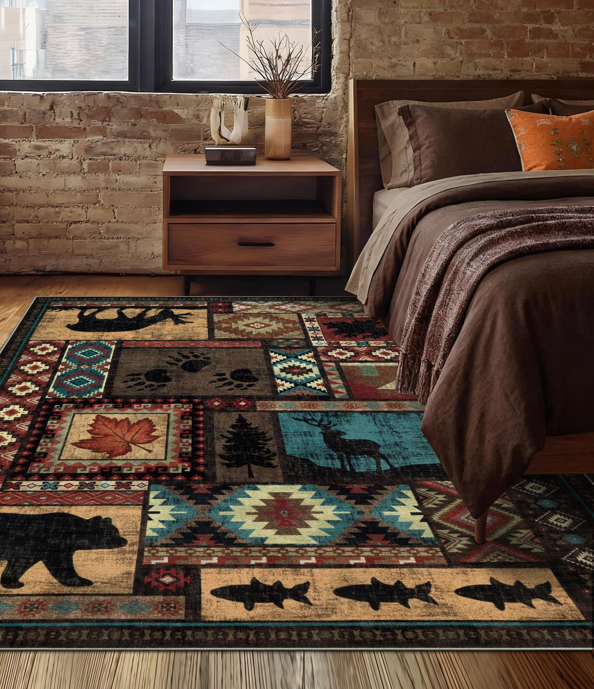 Rustic Cabin Area Rug 5x7,Machine Washable Lodge Bear Rug,Non-Slip Low Pile Print Pattern Southwestern Rug for Living Room Bedroom