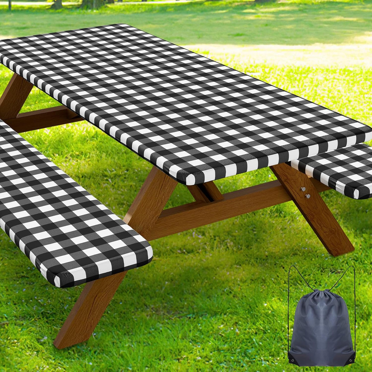 Smiry 6FT Picnic Table Cover with Bench Covers, Elastic Fitted Tablecloth | Waterproof Washable Rectangle Tablecloths ,Buffalo Plaid Tablecloth for Dining, Camping, Outdoor (Black & White, 30" x 72")