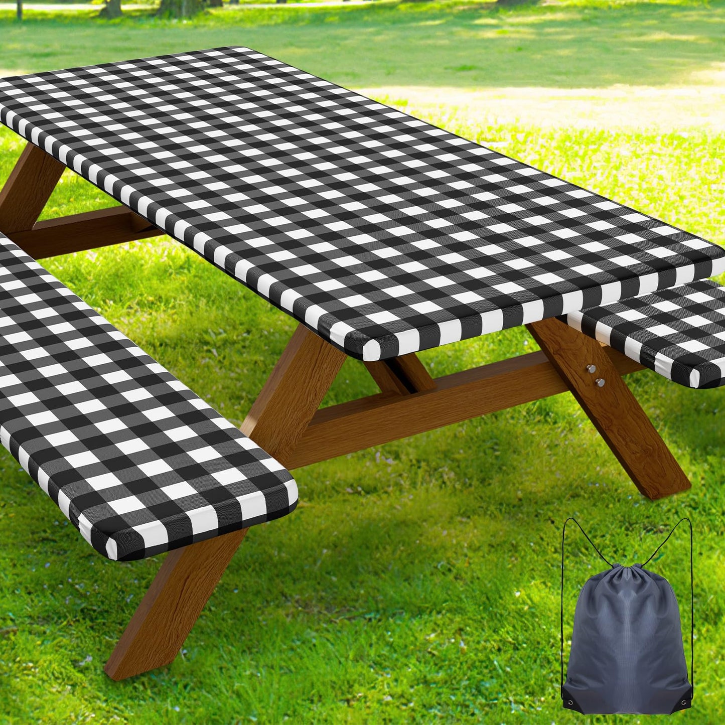 Smiry 6FT Picnic Table Cover with Bench Covers, Elastic Fitted Tablecloth | Waterproof Washable Rectangle Tablecloths ,Buffalo Plaid Tablecloth for Dining, Camping, Outdoor (Black & White, 30" x 72")