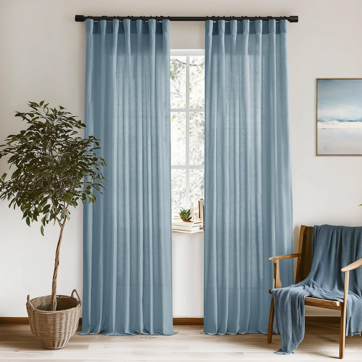Linen Cotton Curtains for Living Room, Cream Off White Natural Fabric Light Filtering Semi Sheer Curtains 84 Inches Long, Ivory Pleated Farmhouse Curtain Drapes 84 Inch Length 2 Panels Set Dining Room
