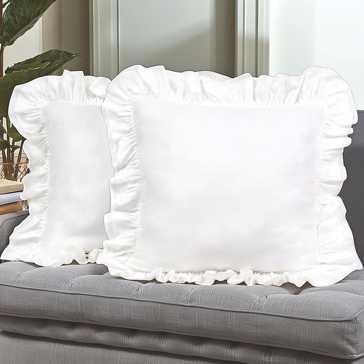 Lemfux Cotton Euro Shams with White Lace Ruffles, 26 x26 Inch, Set of 2,Rustic Farmhouse Lace Shabby Soft Breathable Bridal Pure White European, White Decorative Pillow Covers