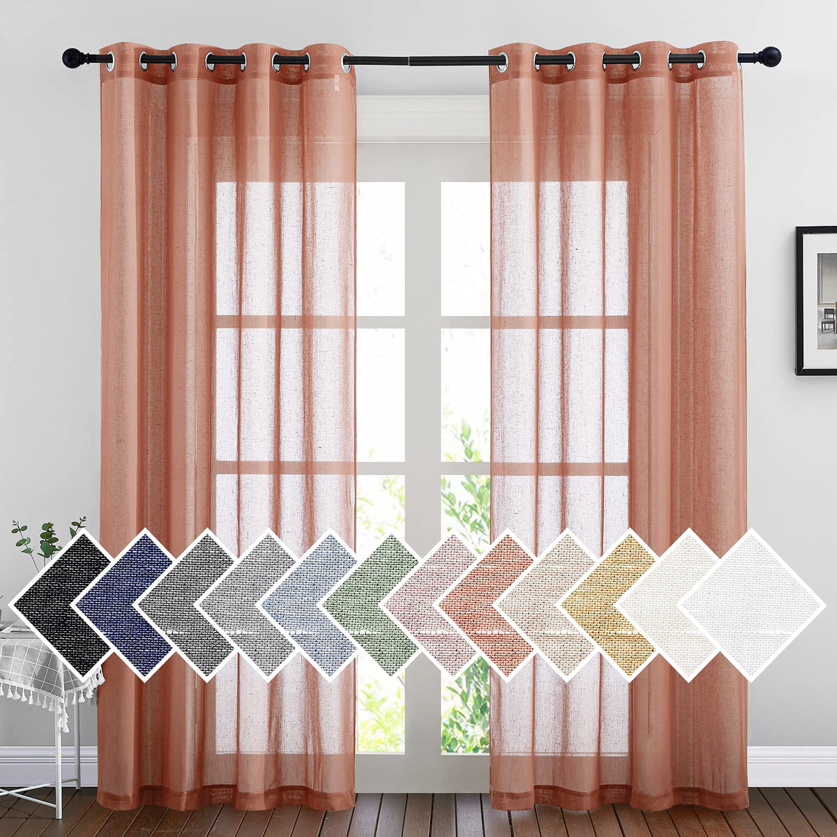 NICETOWN White Sheer Linen Curtains for Living Room 84 inch Length 2 Panels Set, Grommet Semi Sheer Privacy with Light Filtering Flax Window Treatments for Bedroom, W52 x L84