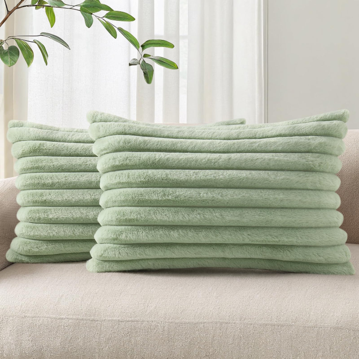 Pallene Faux Fur Decorative Throw Pillow Covers 18x18 Set of 2, Cream White | Luxury Plush Texture, Striped Design, Cozy Soft Touch, Modern Home Accent Decor for Couch, Sofa, Bed, Living Room