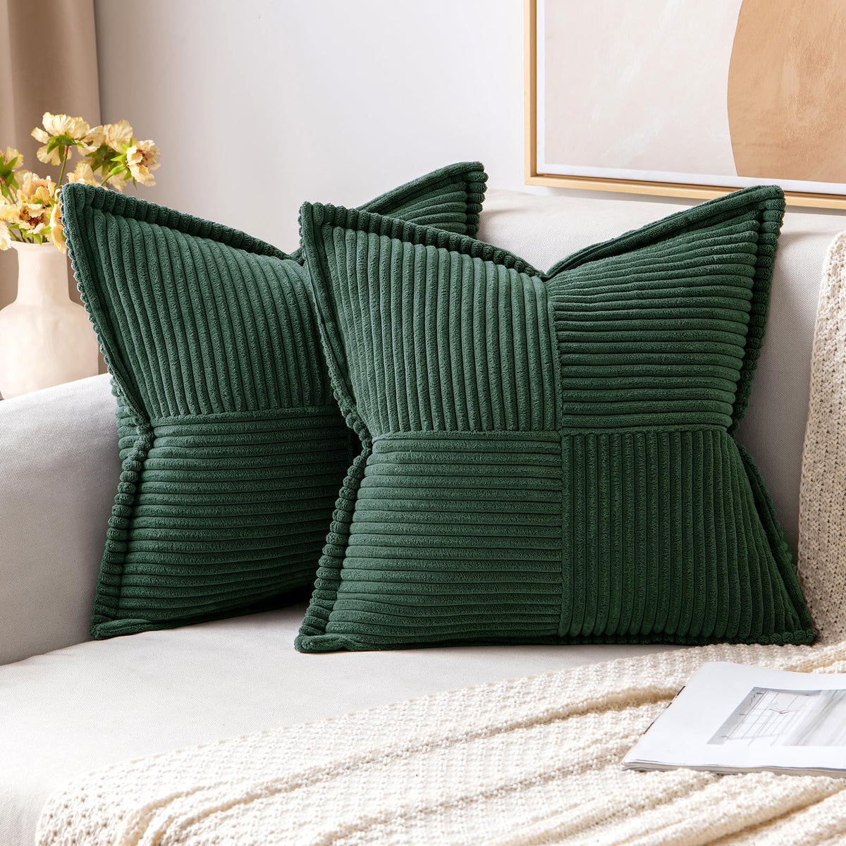 MIULEE Decorative Throw Pillow Covers for Couch 18x18 Inch Beige 2 Pack | Boho Broadside Striped Patchwork Pillow Covers, Soft Corduroy Cushion Cases, For Sofa Bed Livingroom Home Decor