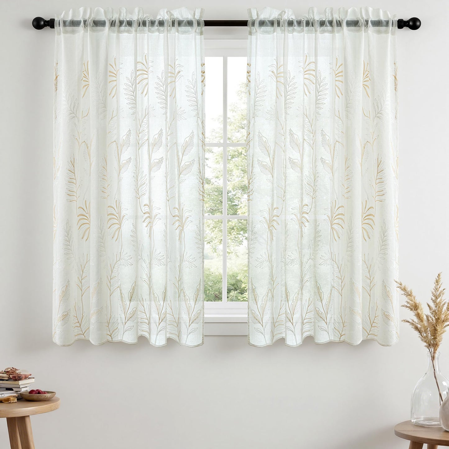 Sheer Curtains Boho Leaf Floral Embroidered Cream Beige 54Wx84L | Light Filtering Semi Sheer Voile Curtains With Design, Rod Pocket Window Drapes for Bedroom Living Room 2 Panels