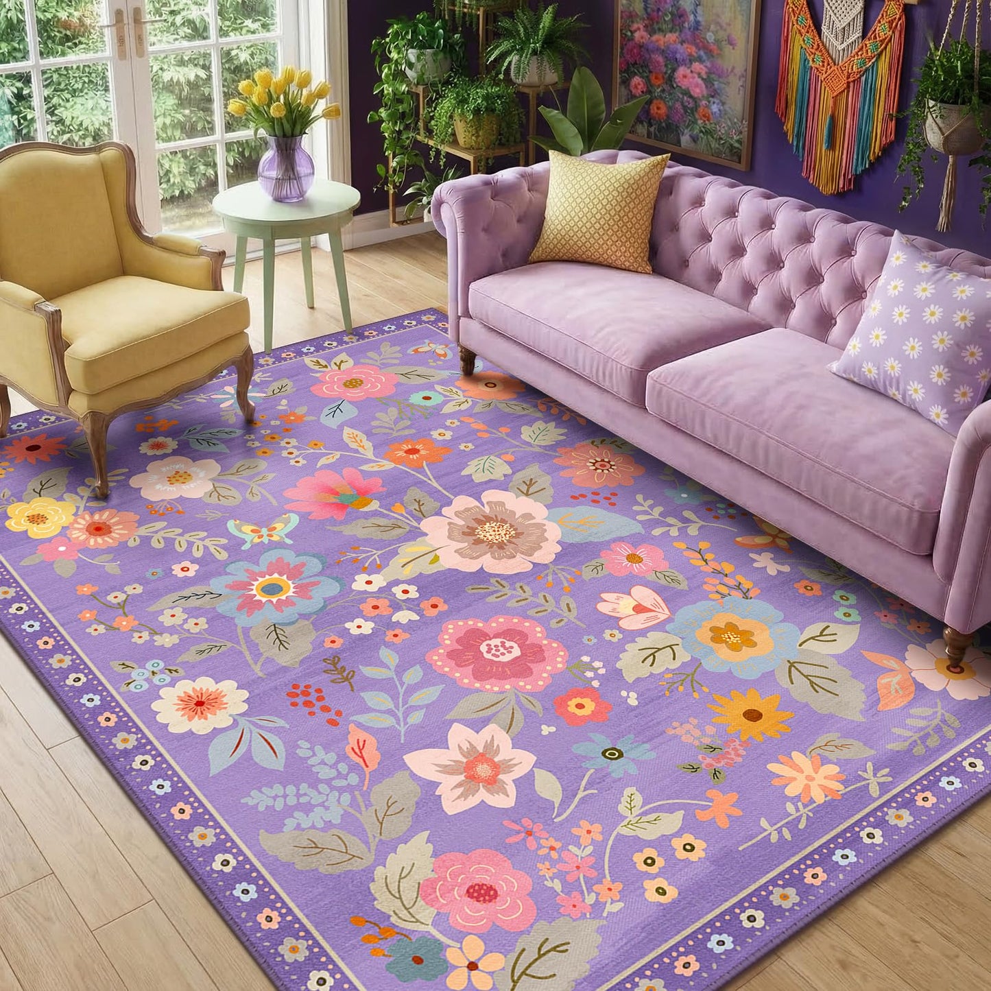 RELEANY Floral Washable 5x7 Area Rugs Beige/White/Orange | Flower Carpet, Print, Boho, Non-Slip, Easy to Clean, Soft, Low Pile for Living Room Bedroom Kitchen Office Entryway Hallway