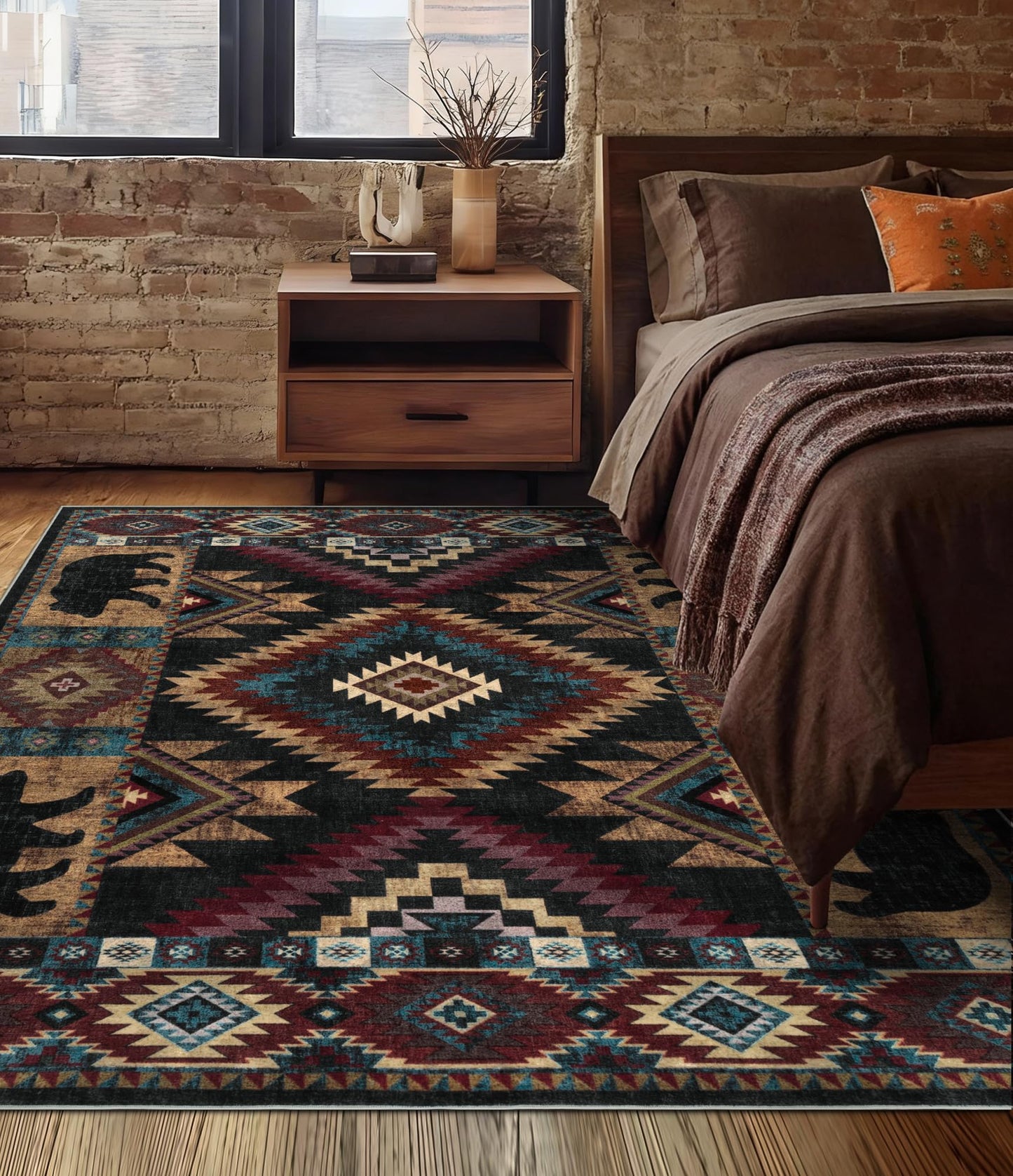 Rustic Cabin Area Rug 5x7,Machine Washable Lodge Bear Rug,Non-Slip Low Pile Print Pattern Southwestern Rug for Living Room Bedroom