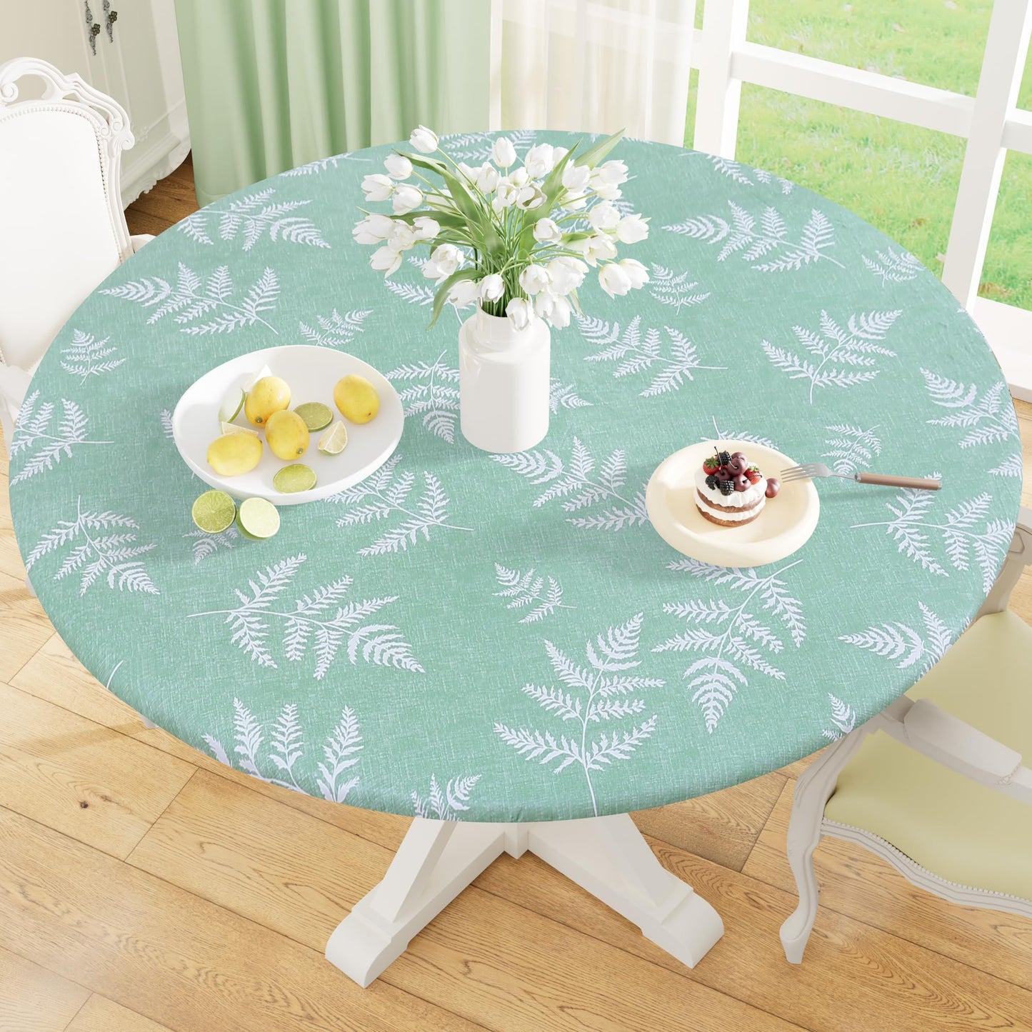 Round Fitted Tablecloth with Elastic Edge, 100% Waterproof Oil Proof Plastic Table Cover, Vinyl Flannel Backed Tablecloth Fits 36"-44" Round Tables for Dinner, Outdoor, Picnic, Oak Wooden Grain