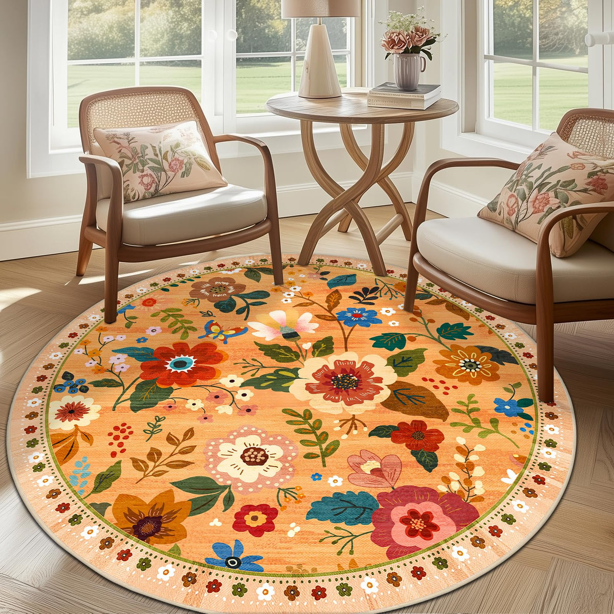 RELEANY Floral Washable 5x7 Area Rugs Beige/White/Orange | Flower Carpet, Print, Boho, Non-Slip, Easy to Clean, Soft, Low Pile for Living Room Bedroom Kitchen Office Entryway Hallway