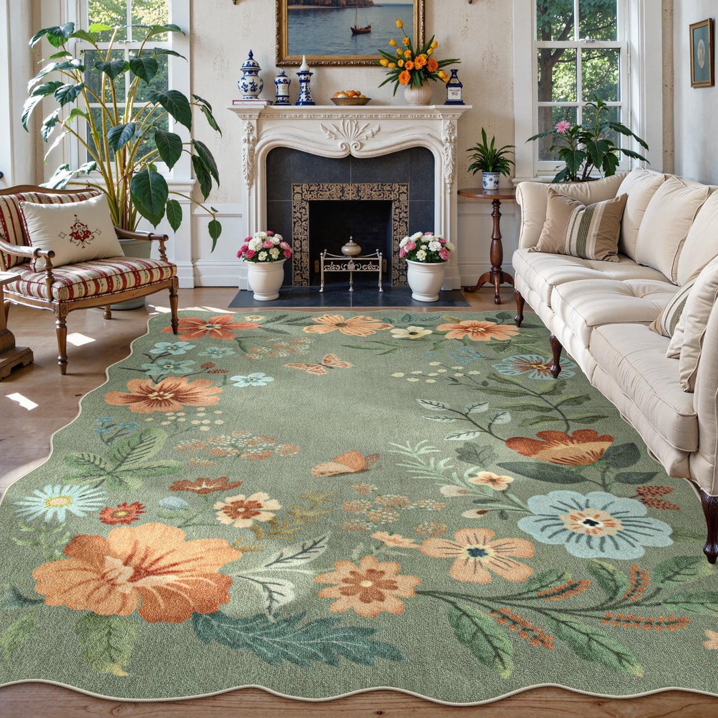 Lahome Floral Living Room Rugs, Area Rugs 5x7 Rug for Bedroom Ultra-Thin Soft Rug, Non-Slip Washable Rugs Stain Resistant Boho Rug Flore Throw Rug for ‎Dining Room Office (5x7ft,Green)