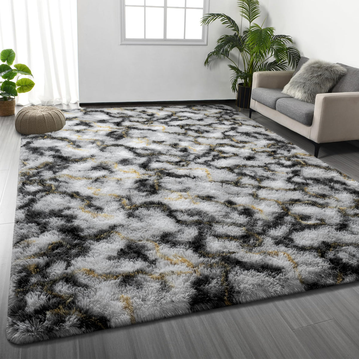 Deerhoo Large Shag Area Rugs 6 x 9, Light Grey | Tie-Dyed, Ultra Soft Plush Fuzzy,Washable, For Living Room, Bedroom, Indoor Carpet Nursery Kids Teen Home Decor