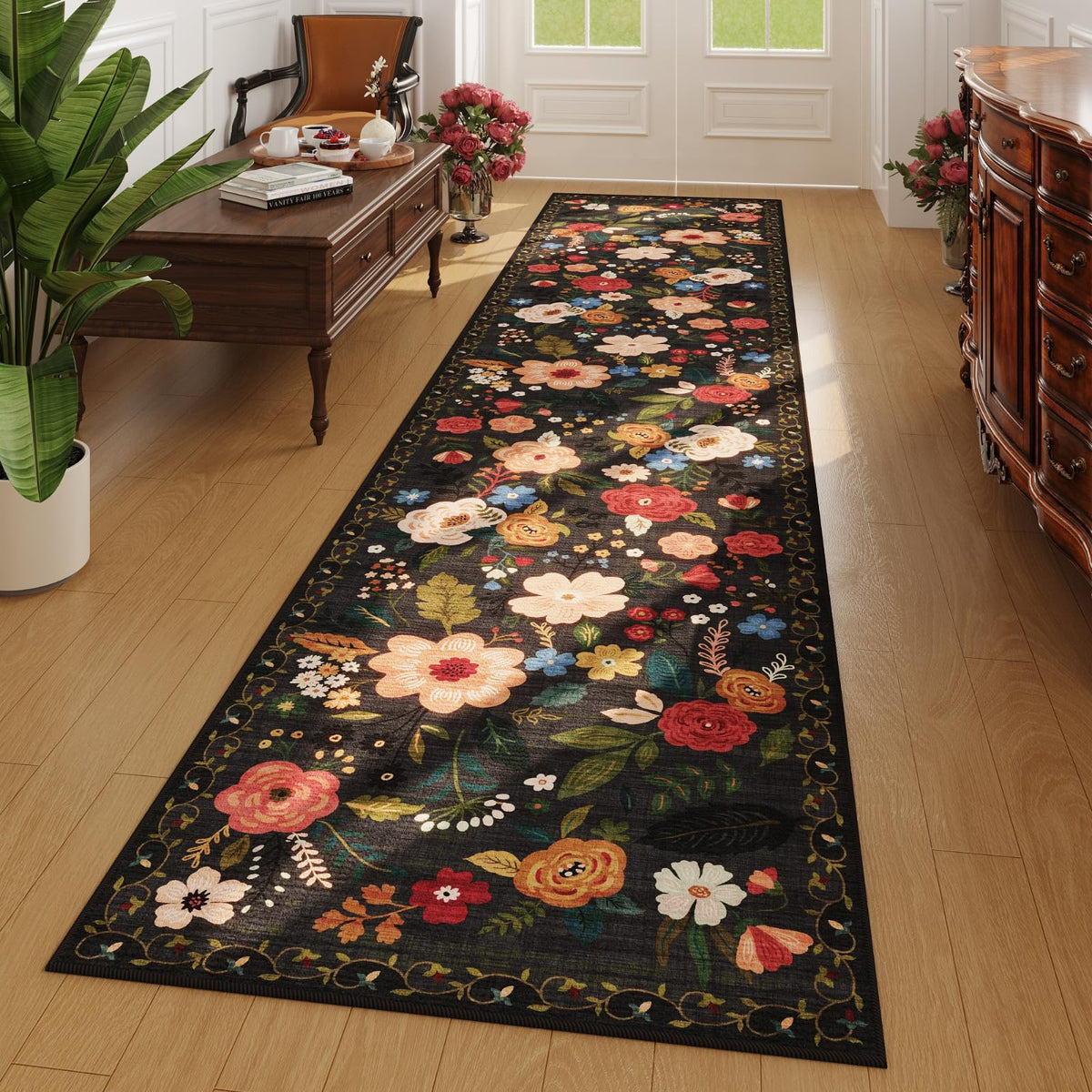 Rugcomf Living Room Rug 5x7 Rug Machine Washable Boho Area Rug Non Slip Floral Vintage Low Pile Large Rugs for Living Room, Bedroom, Farmhouse, Dining Room, Kids Playroom(Black)