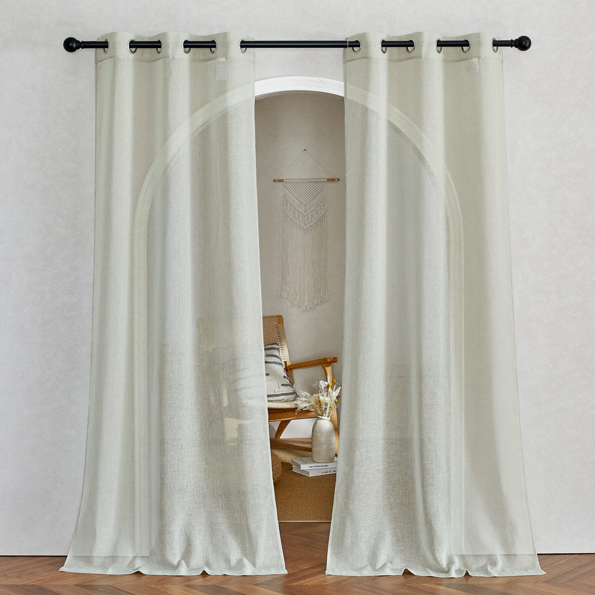 NICETOWN White Sheer Linen Curtains for Living Room 84 inch Length 2 Panels Set, Grommet Semi Sheer Privacy with Light Filtering Flax Window Treatments for Bedroom, W52 x L84