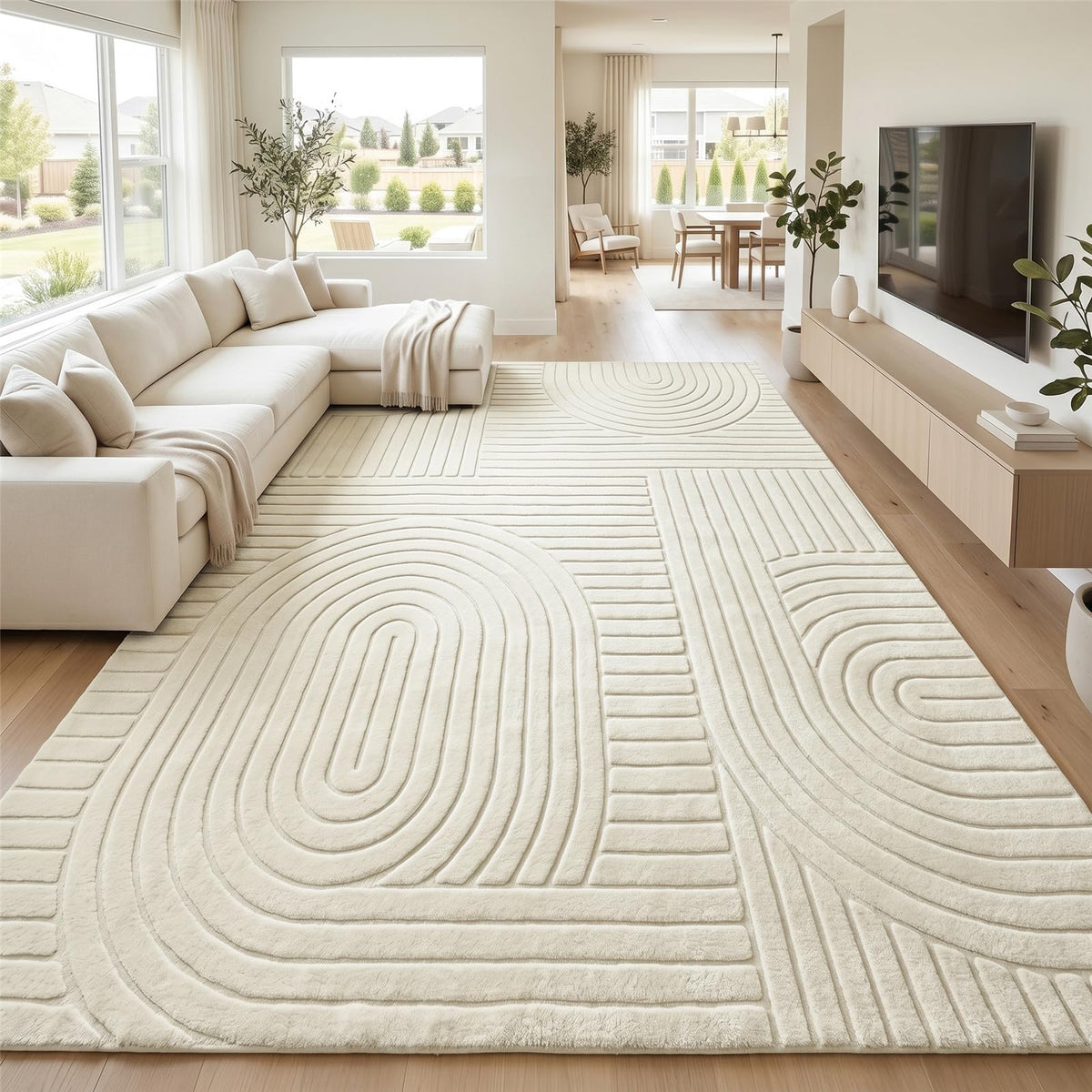 Beige Solid Area Rug 8x10, Washable Rugs for Living Room Bedroom | Modern Neutral Boho Geometric High-Low Pile Carpet, Soft, Fluffy Non-Slip Rugs for Nursery, Kids Room, Apartment, Home Office