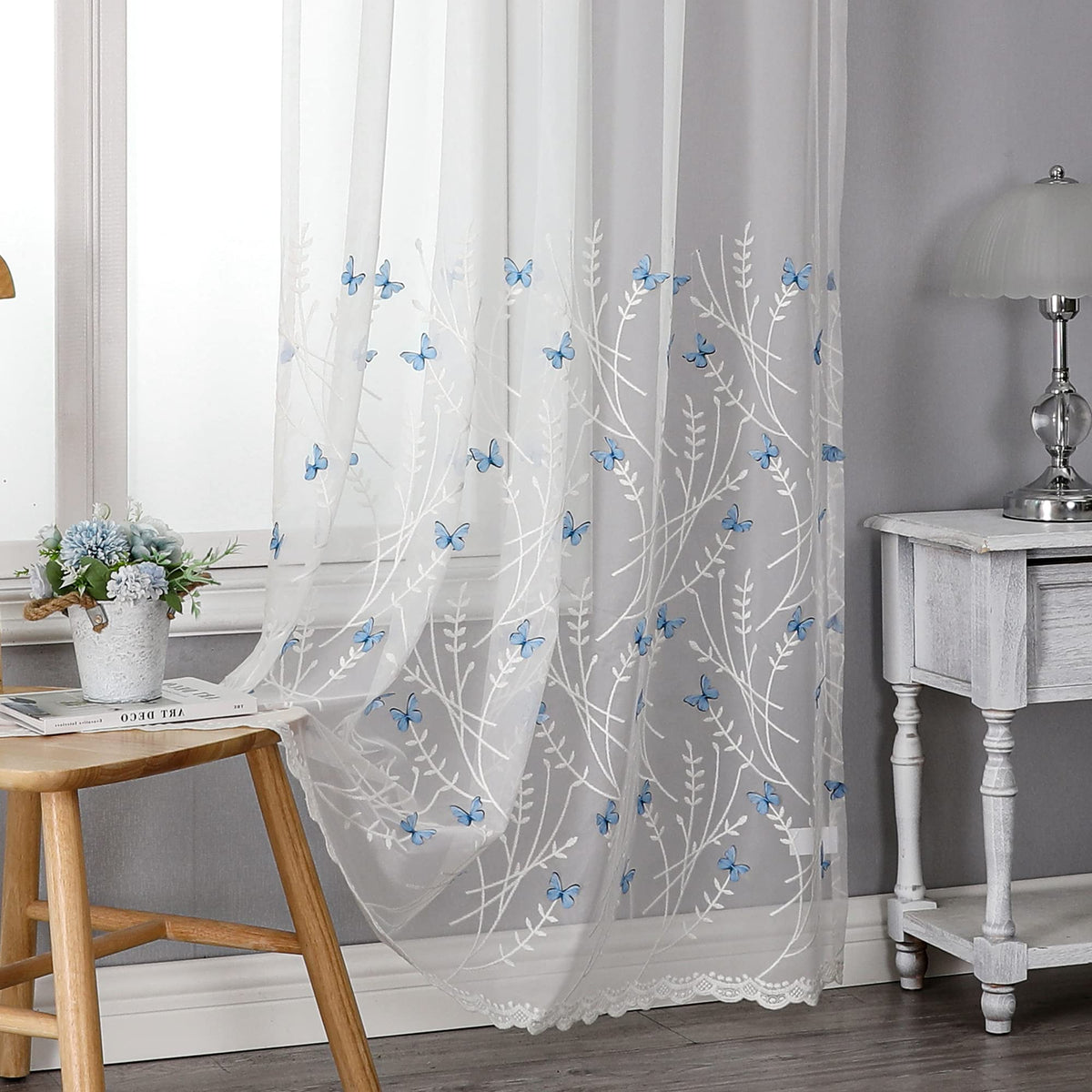 Sheer Curtains Boho Leaf Floral Embroidered Cream Beige 54Wx84L | Light Filtering Semi Sheer Voile Curtains With Design, Rod Pocket Window Drapes for Bedroom Living Room 2 Panels