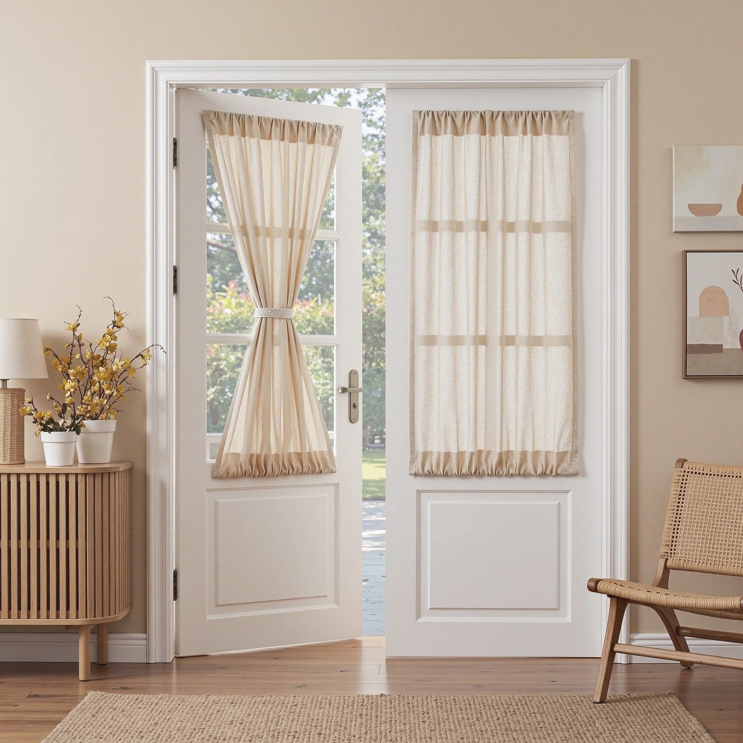 MYSKY HOME Linen Curtains for Living Room, Natural Semi Sheer Curtains & Drapes 84 inches Length 2 Panels Set Farmhouse Country Boho Style Back Tab Draperies for Sliding Glass Door, 50" Wide, Linen