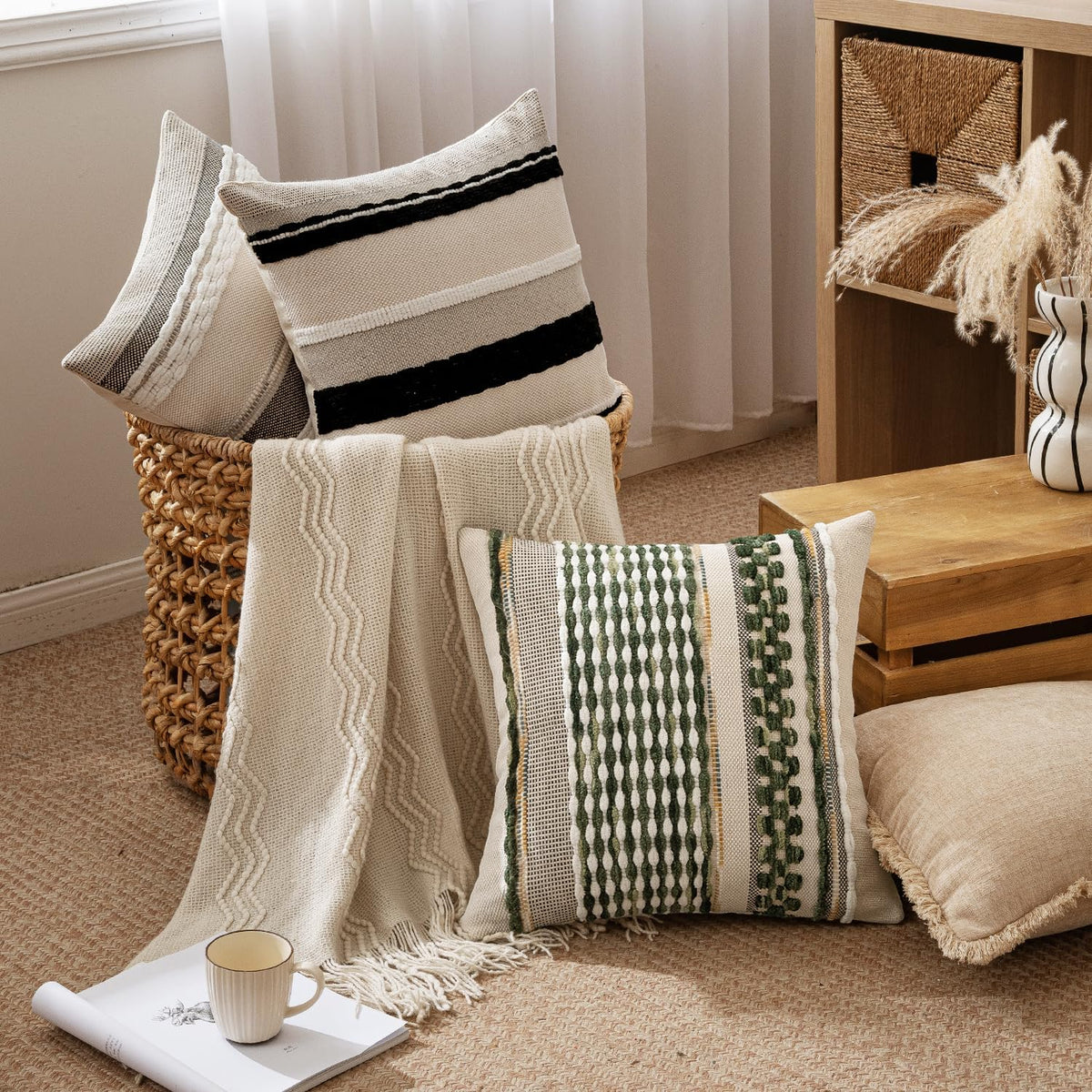 ANRODUO Boho Decorative Pillow Covers Olive Green Stripe 18x18 Pack of 2 | Throw Pillow Covers, Farmhouse Cushion Case, Chenille Pillow Cases, Pillow Covers, Accent Neutral Pillowcase for Couch Bed