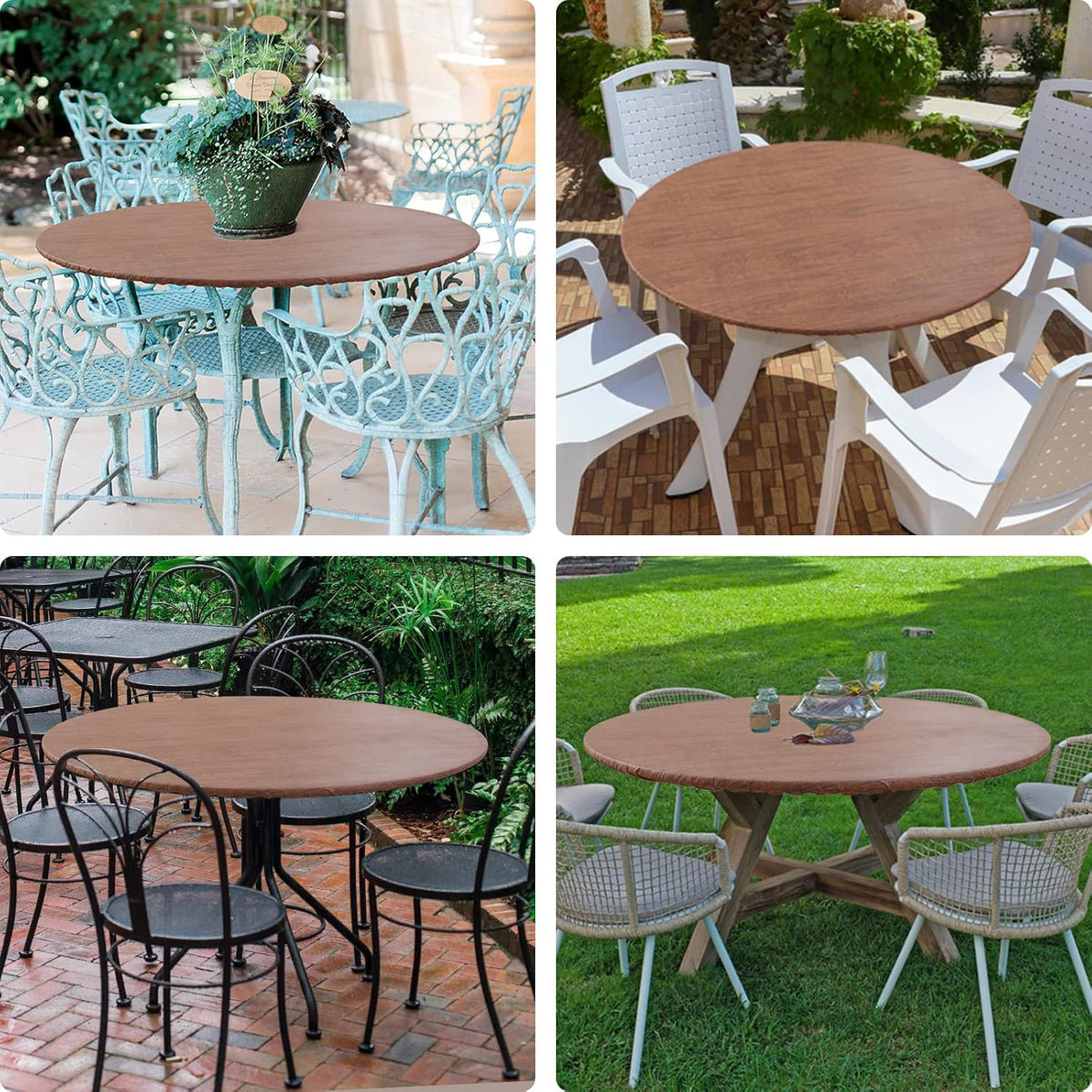 Round Fitted Tablecloth with Elastic Edge, 100% Waterproof Oil Proof Plastic Table Cover, Vinyl Flannel Backed Tablecloth Fits 36"-44" Round Tables for Dinner, Outdoor, Picnic, Oak Wooden Grain