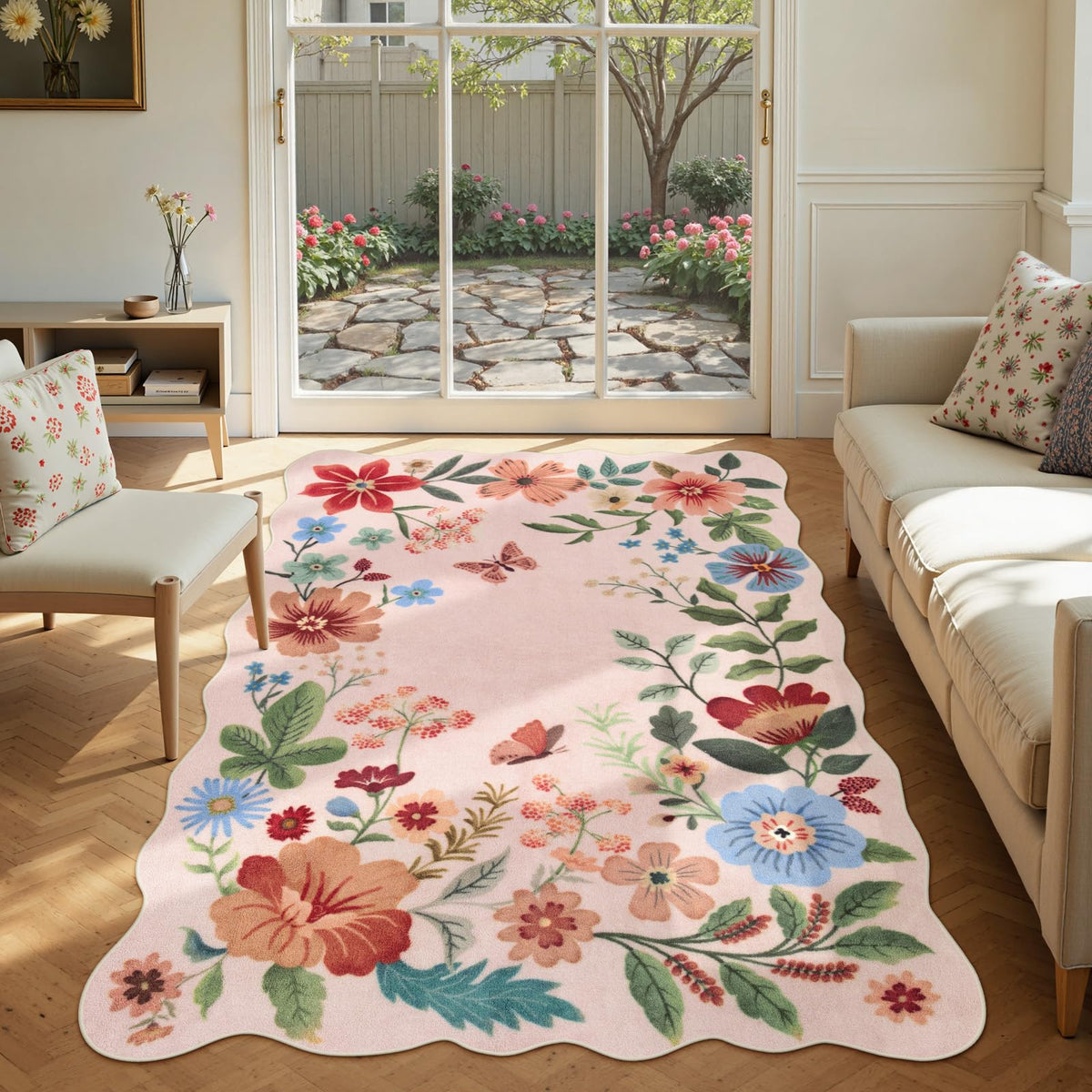 Lahome Floral Washable Living Room Rug, 5x7 Area Rugs for Bedroom Soft | Dining Room Rug Ultra-Thin Non Slip Stain Resistant Boho Low-Pile Throw Carpet for Office Flore (5x7ft, Beige)
