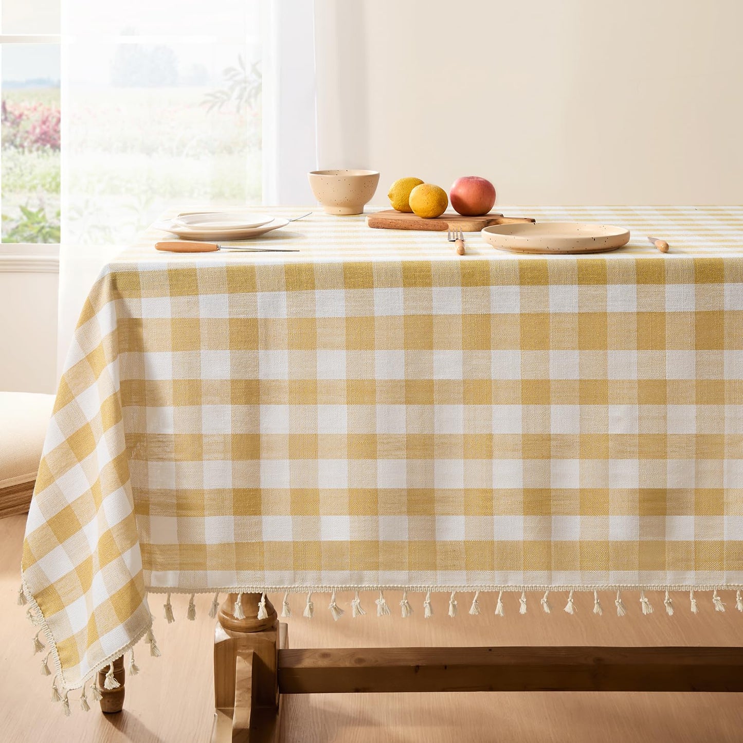 Softalker Outdoor Checkered Tablecloth, Linen Cotton Gingham Table Cloths for 6 Foot Rectangle Tables with Tassel, Heavy Duty Wrinkle Free Plaid Table Cover for Picnic Camping - 55 x 84 Inch, Sage