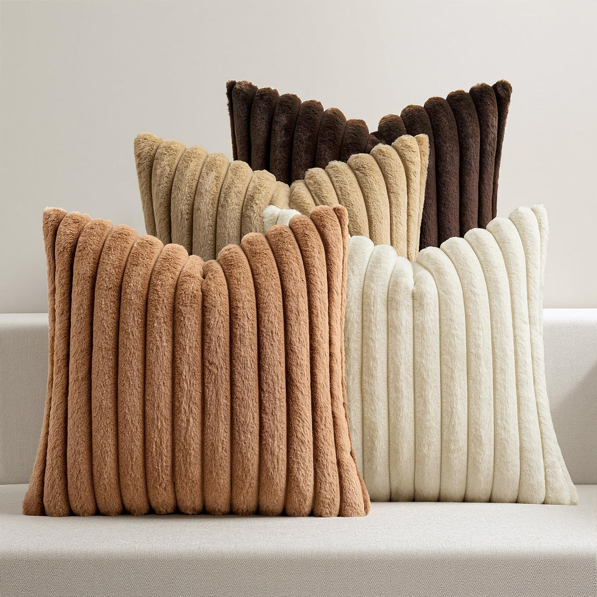 MIULEE Faux Fur Plush Decorative Throw Pillow Covers 18x18, Navy Blue | Set of 4, Striped, Soft Coastal Modern Cozy Home Decor, Cushion Cases for Sofa Couch Bed Living Room