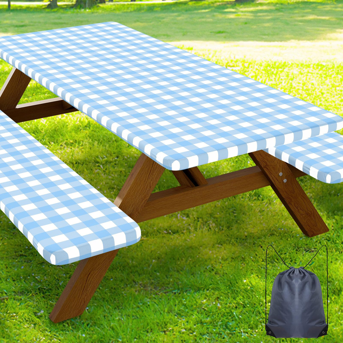 Smiry 6FT Picnic Table Cover with Bench Covers, Elastic Fitted Tablecloth | Waterproof Washable Rectangle Tablecloths ,Buffalo Plaid Tablecloth for Dining, Camping, Outdoor (Black & White, 30" x 72")