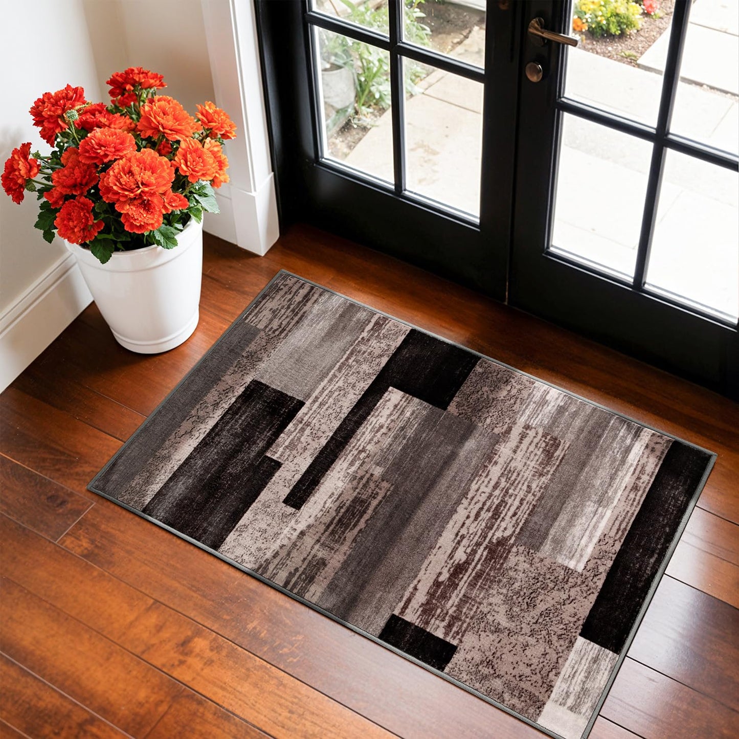 LIANLAM 8x10 Washable Area Rugs for Living Room & Bedroom(8x10,Black&Gray) | Non-Slip Large Carpet,Vintage Checkered Pattern, Stain Resistant Faux Wool Low Pile Soft Rug for Dining Room,Office,Nursery