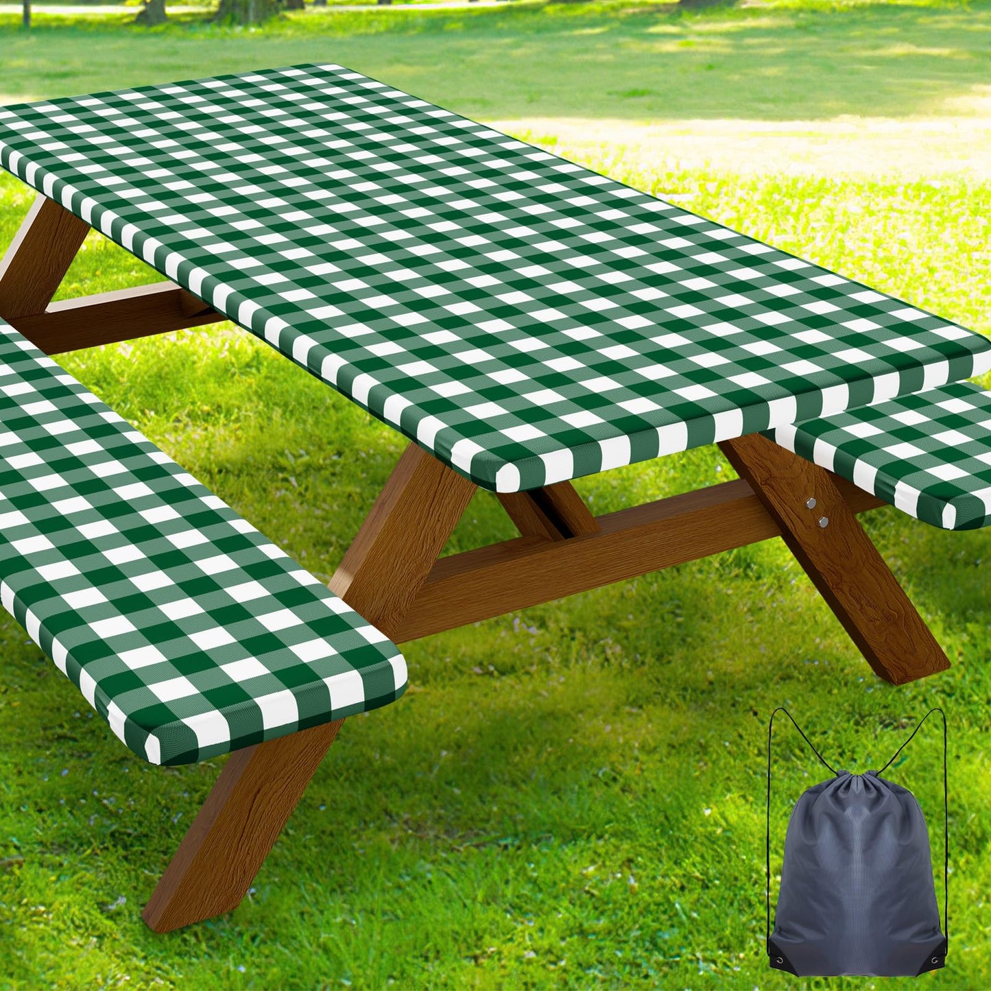 Smiry 6FT Picnic Table Cover with Bench Covers, Elastic Fitted Tablecloth | Waterproof Washable Rectangle Tablecloths ,Buffalo Plaid Tablecloth for Dining, Camping, Outdoor (Black & White, 30" x 72")