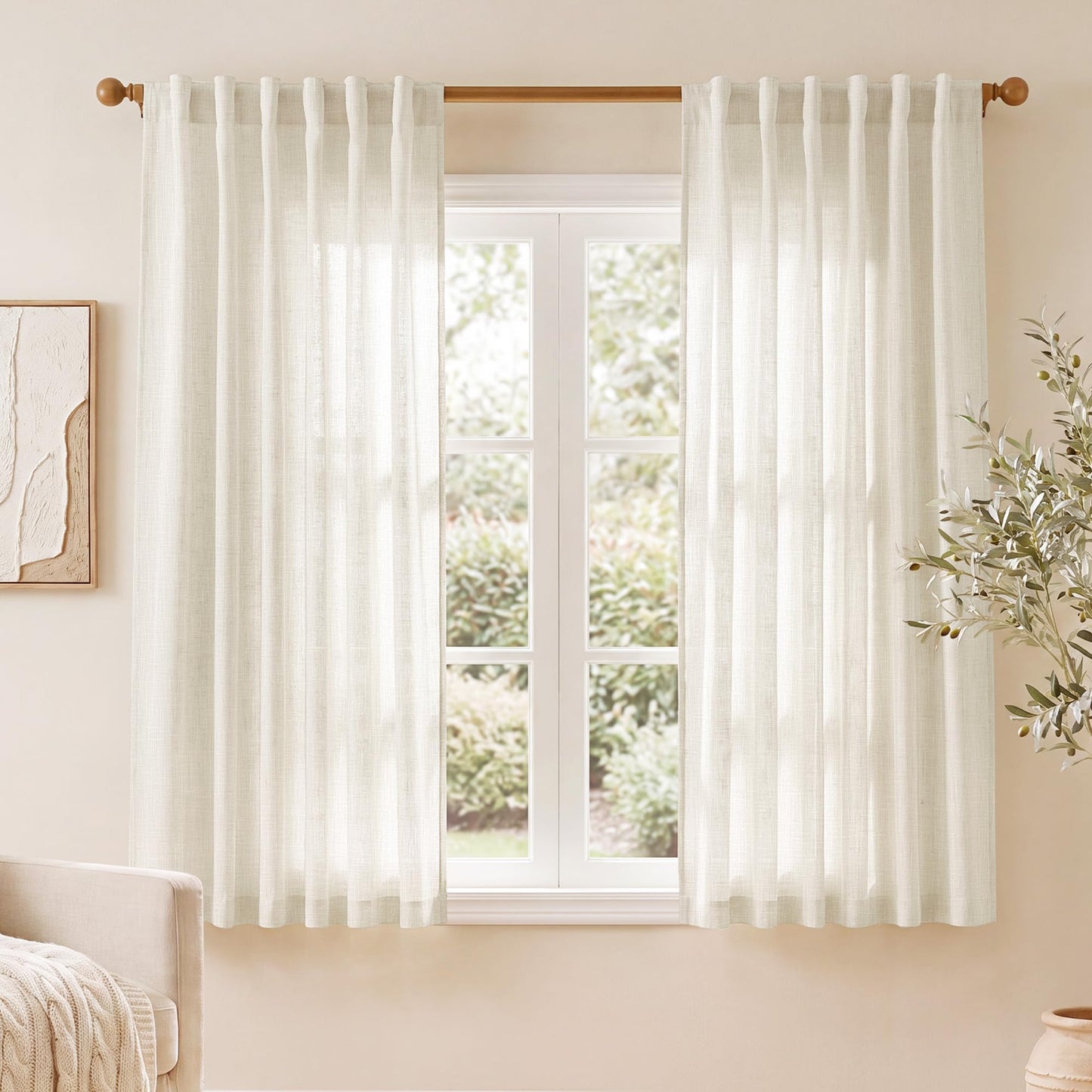 NICETOWN Semi Sheer White Curtains 84 inch Long, Rod Pocket & Back Tab Sheer Linen Curtains & Drapes Balance Privacy & Light Panels for Bedroom/Living Room, W52 x L84, 2 Panels