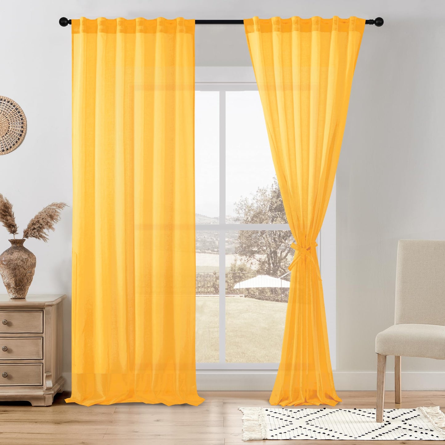 DWCN White Faux Linen Sheer Curtains, 2 Panels, 52x84 Inch | Faux Linen Textured Curtains with Rod Pocket & Back Tab, Semi Voile Light Airy Gauzy Privacy Drapes for Living Room Bedroom