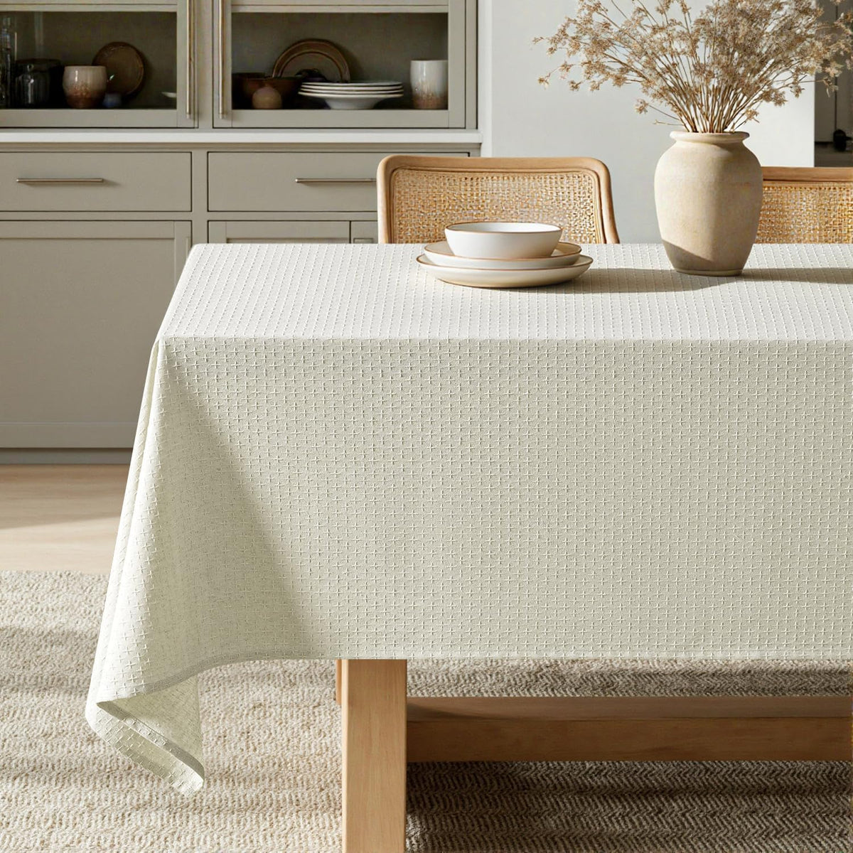 MIULEE Natural Beige Linen Cotton Table Cloth Rectangle Tablecloth Spring Waterproof Spillproof Cross-Star Textured Table Cloth Decorative Farmhouse Style for Dining Party Weddings 52x70 Inch