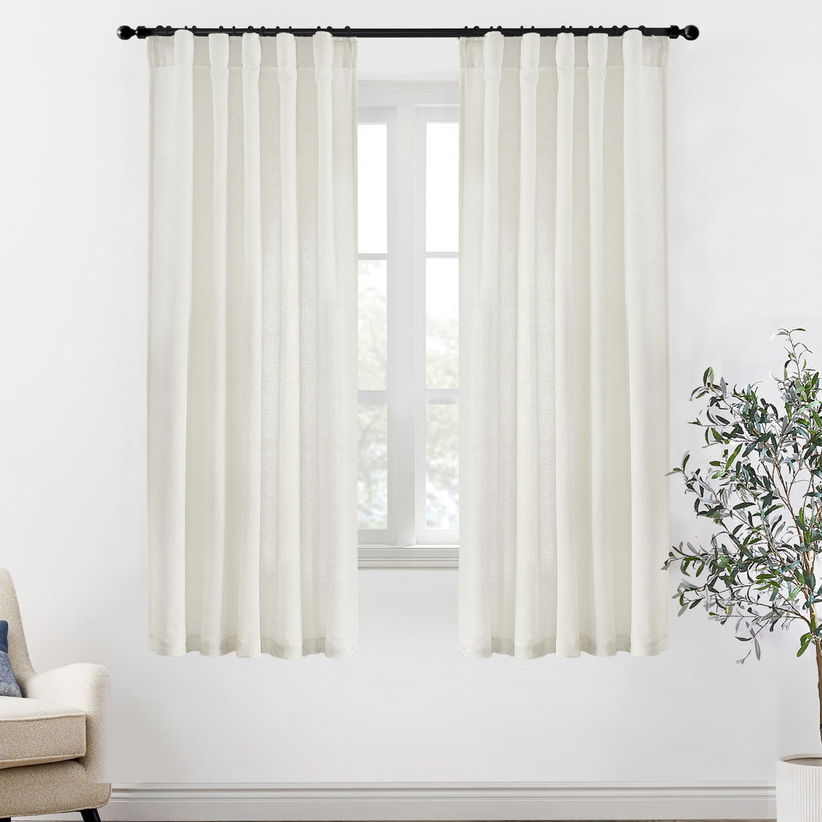Linen Cotton Curtains for Living Room, Cream Off White Natural Fabric Light Filtering Semi Sheer Curtains 84 Inches Long, Ivory Pleated Farmhouse Curtain Drapes 84 Inch Length 2 Panels Set Dining Room